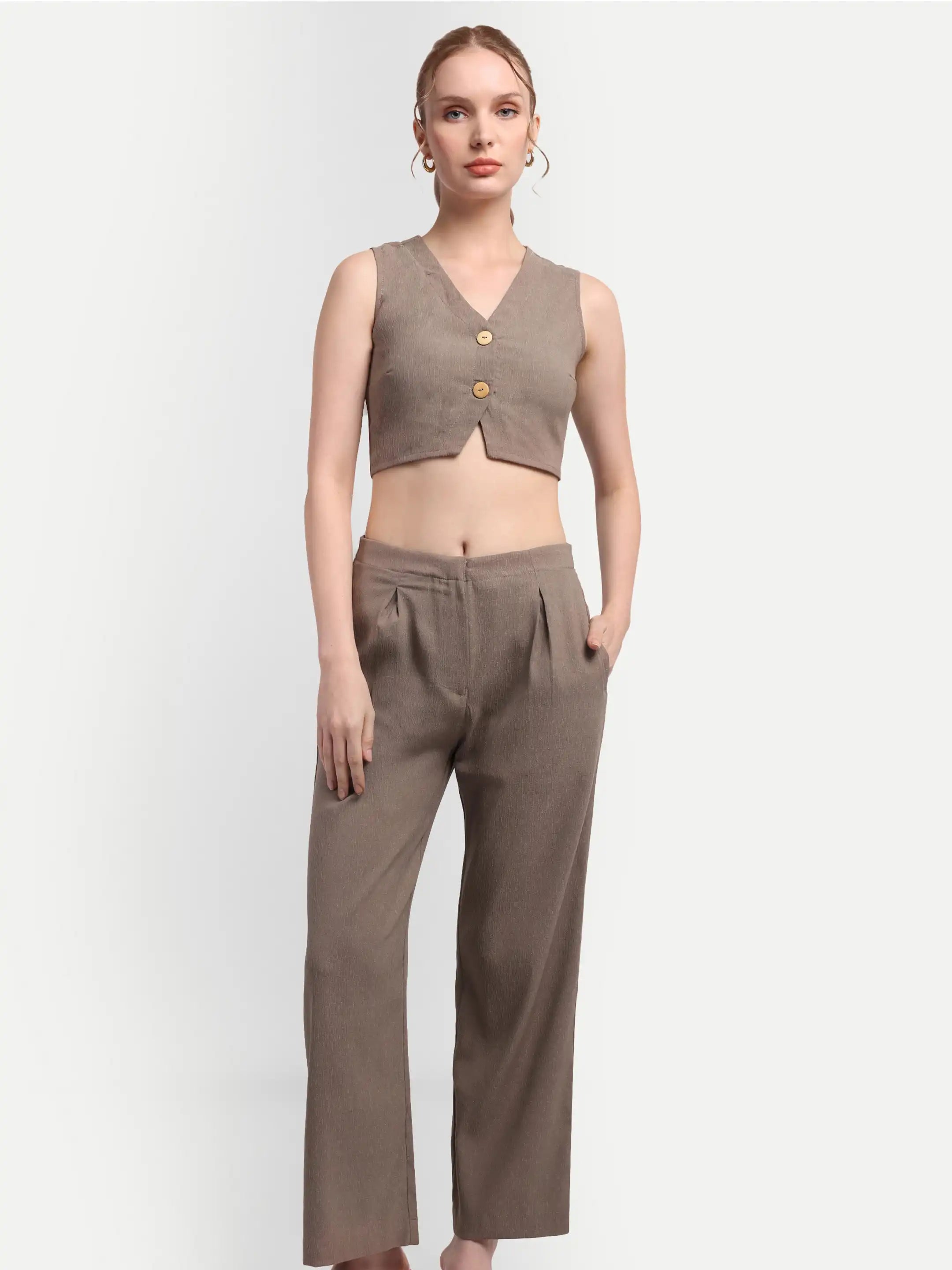 Pleated Trouser Waistcoat Co-ord - Mocha Brown 2.0