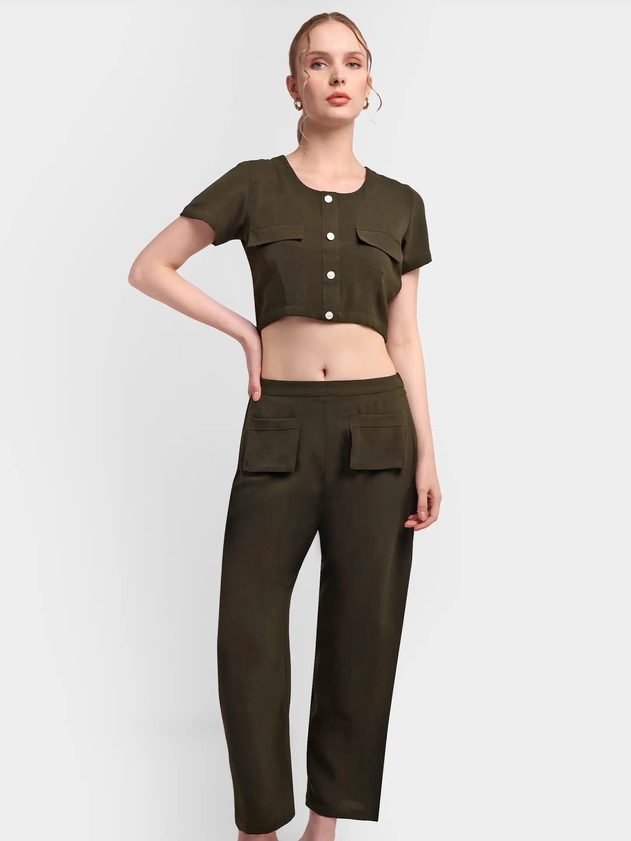 Detailed Bow Co-ord - Olive Green