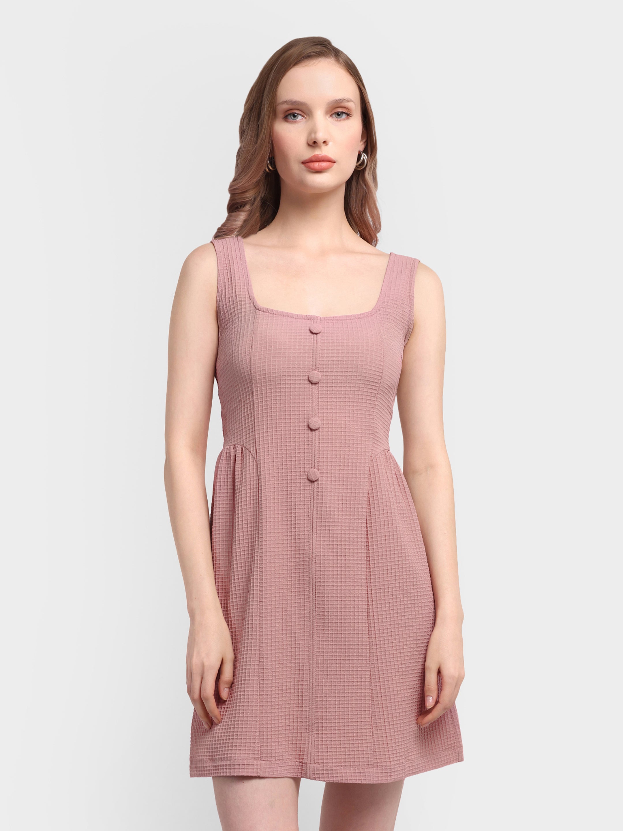 Checked Gathered-Waist Dress - Dusty Pink