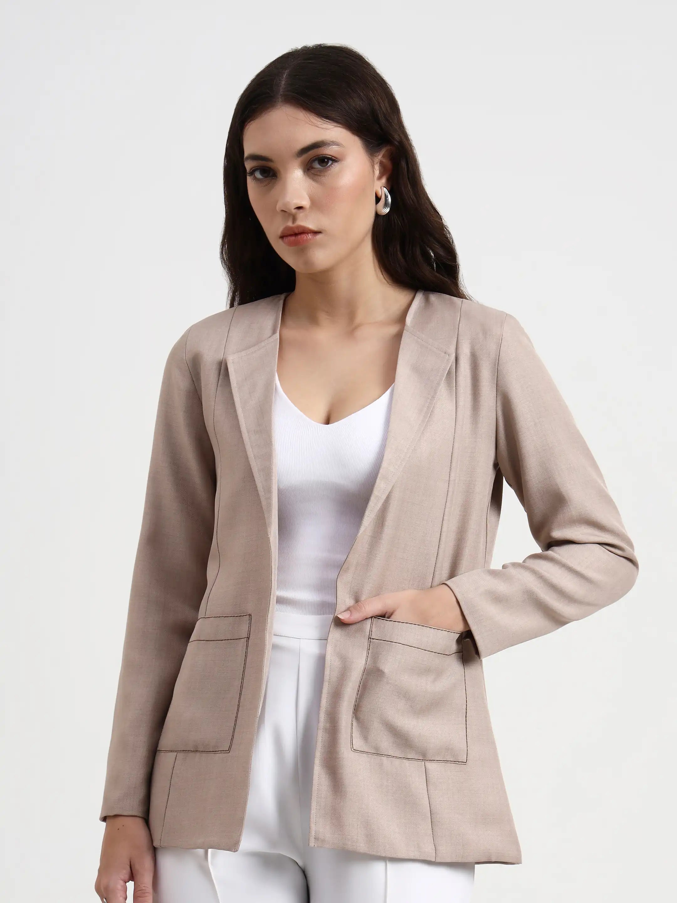 Embroidered Structured Blazer - Warm Beige