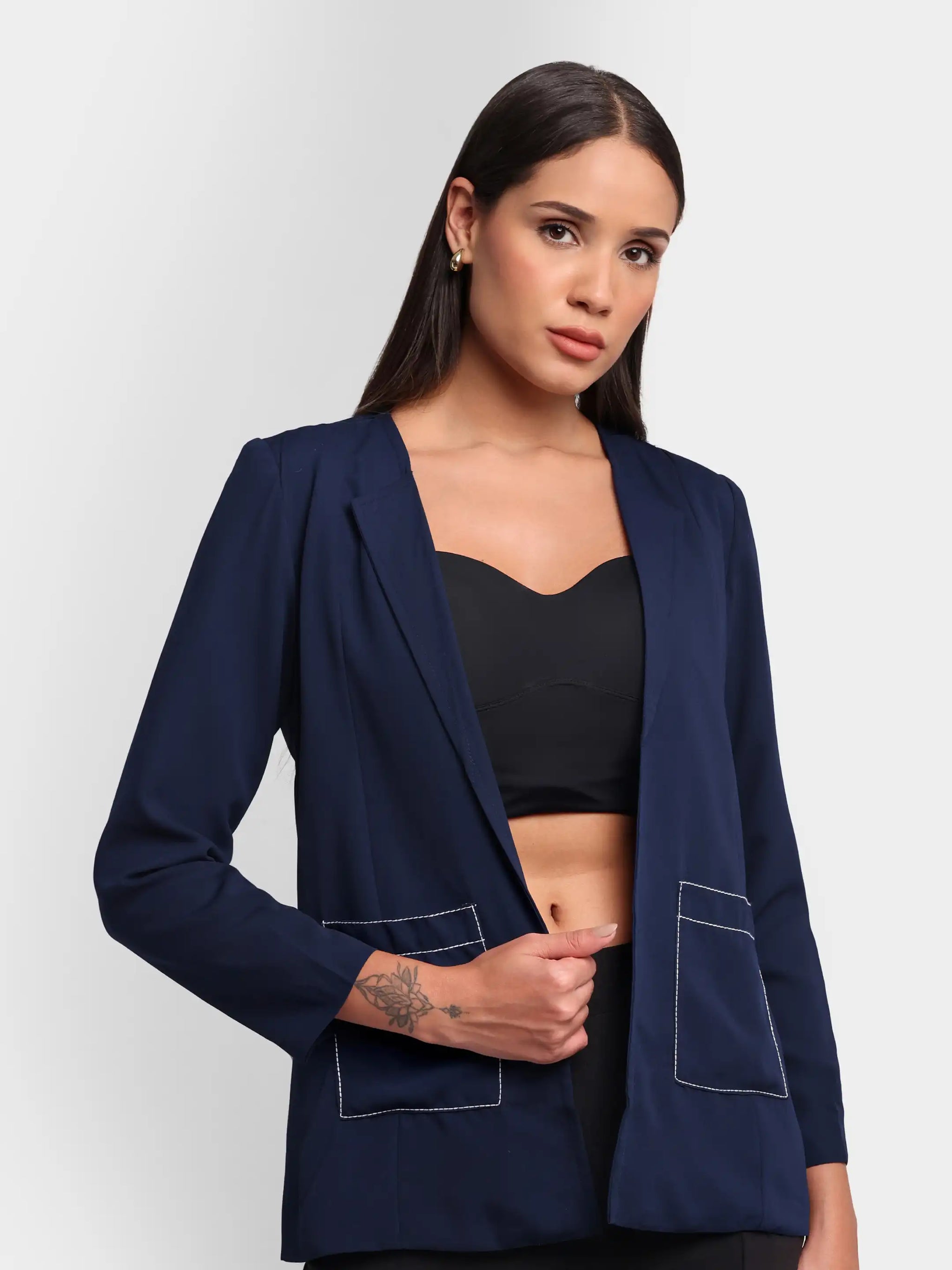 Embroidered Structured Blazer - Navy Blue
