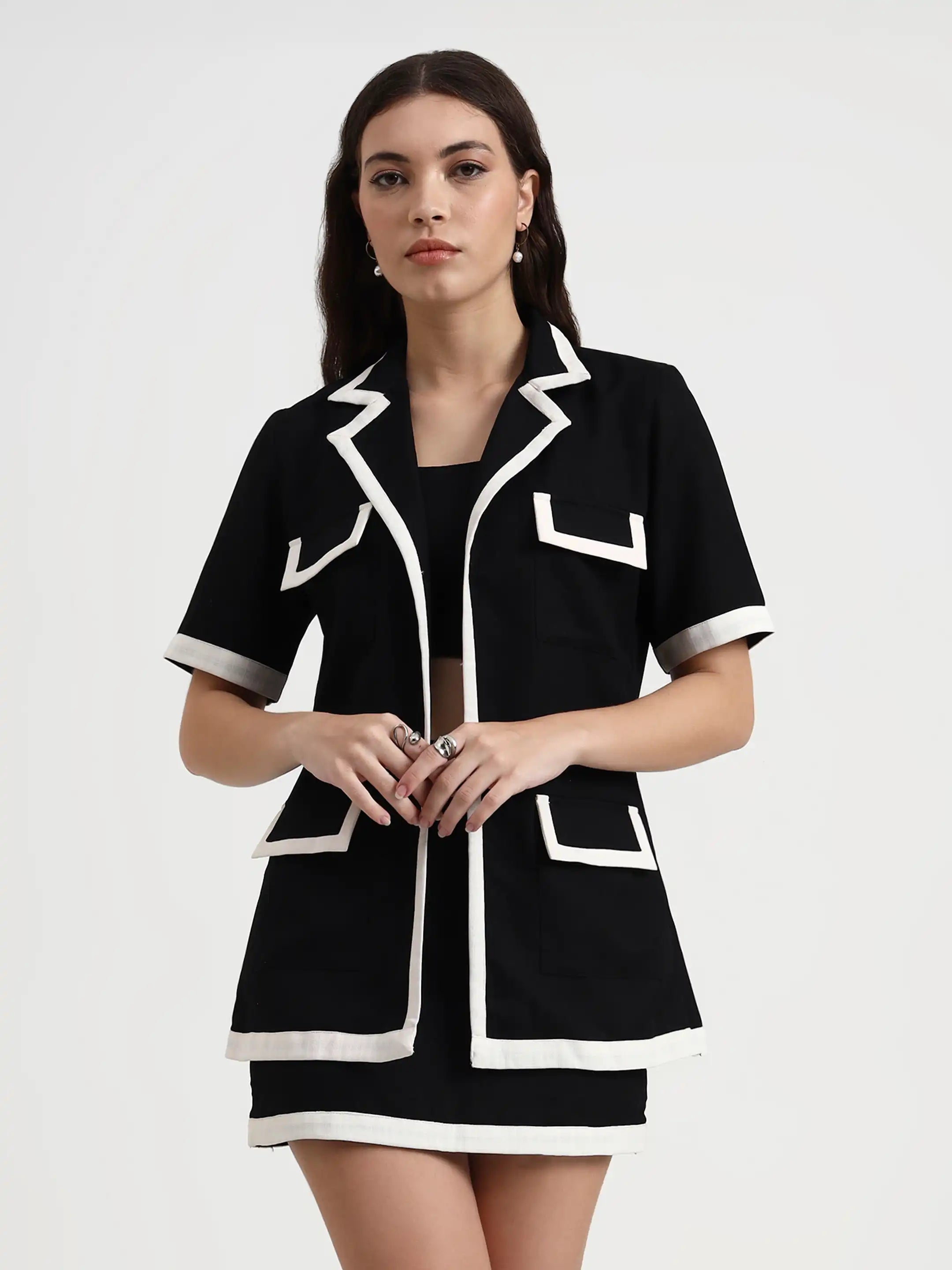 Trim-Detail Blazer Set - Black White