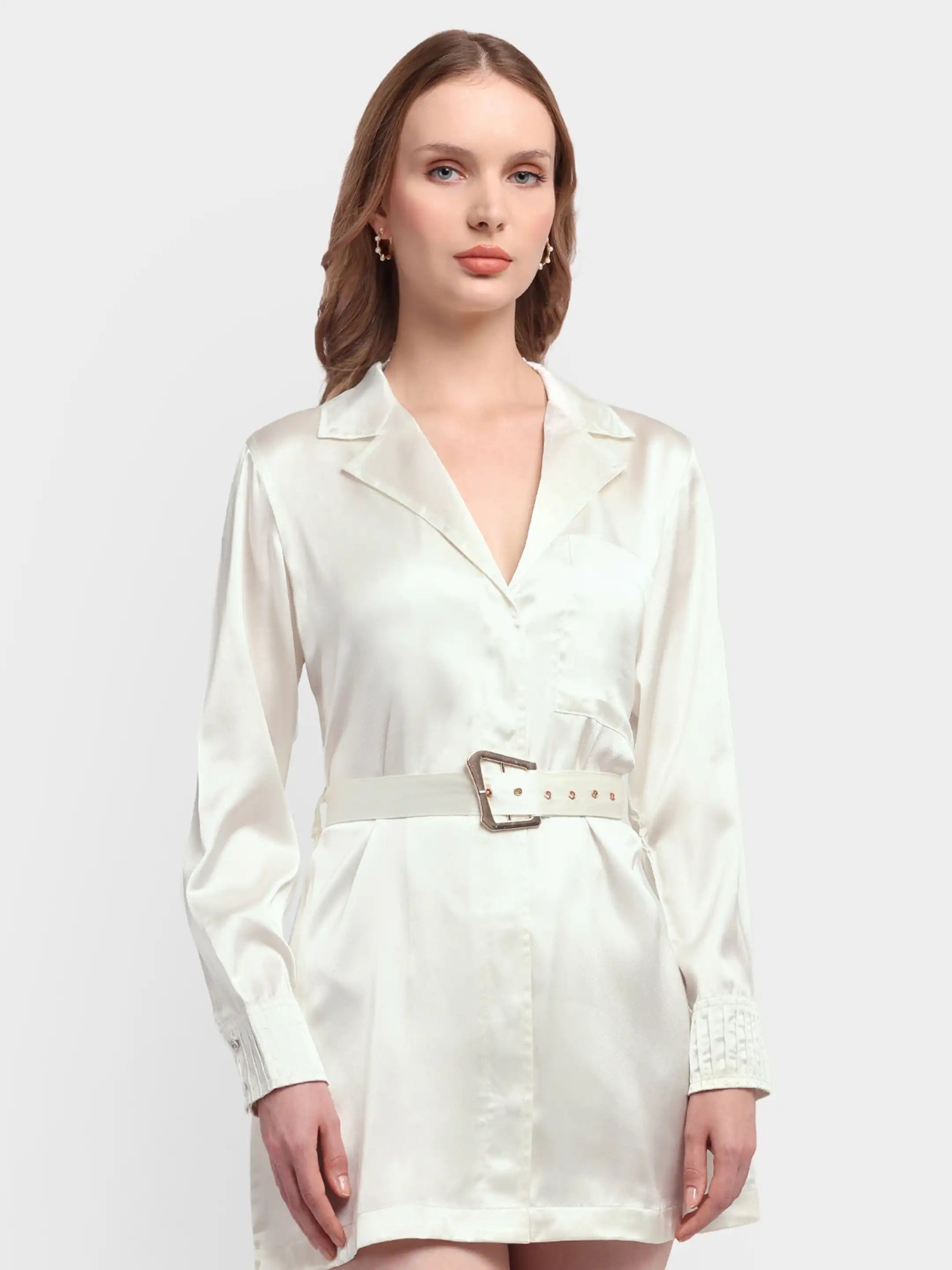 Pleat-Cuff Satin Dress - White