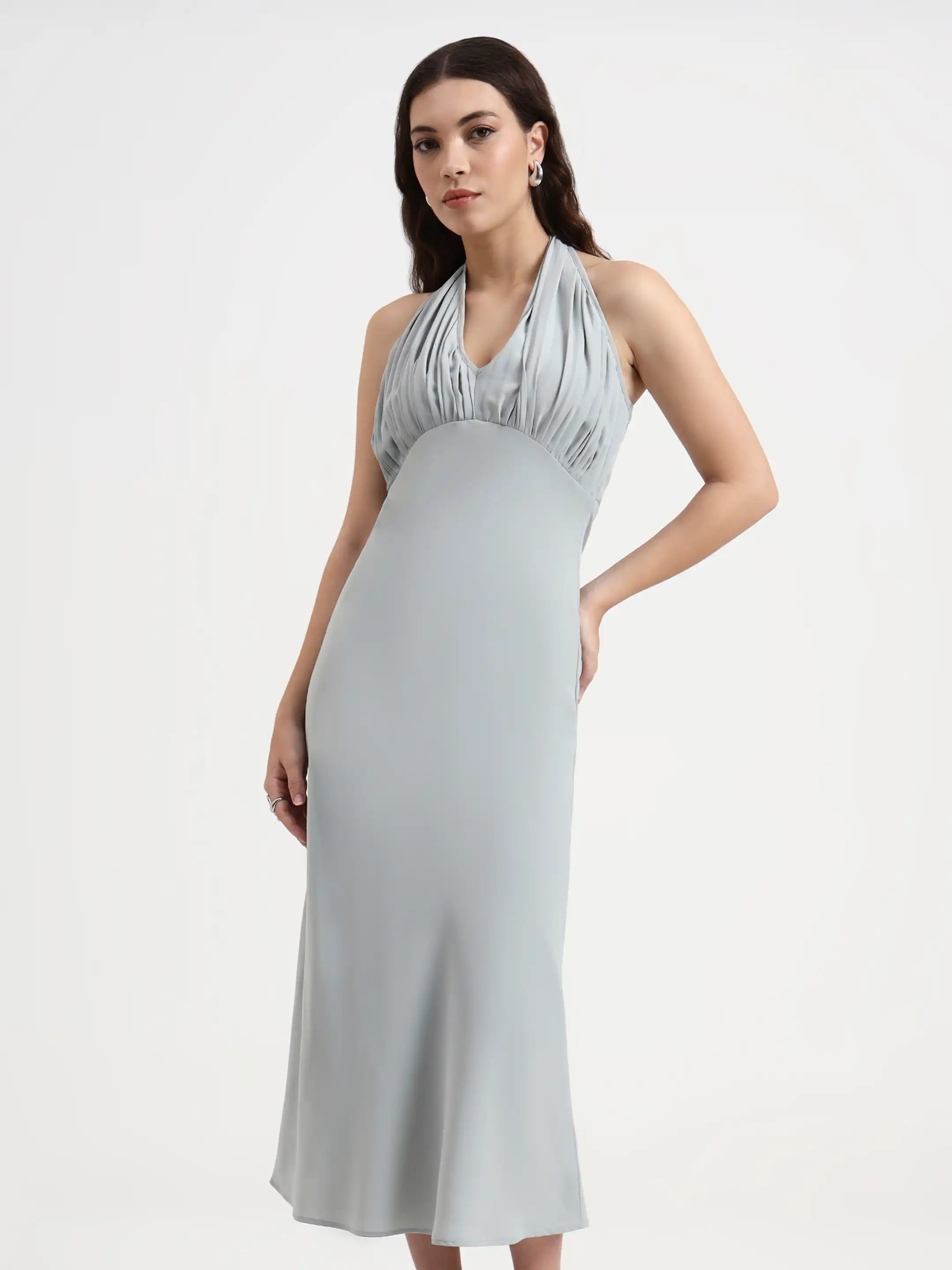 Long Pleated Halter Dress - Cloud Blue