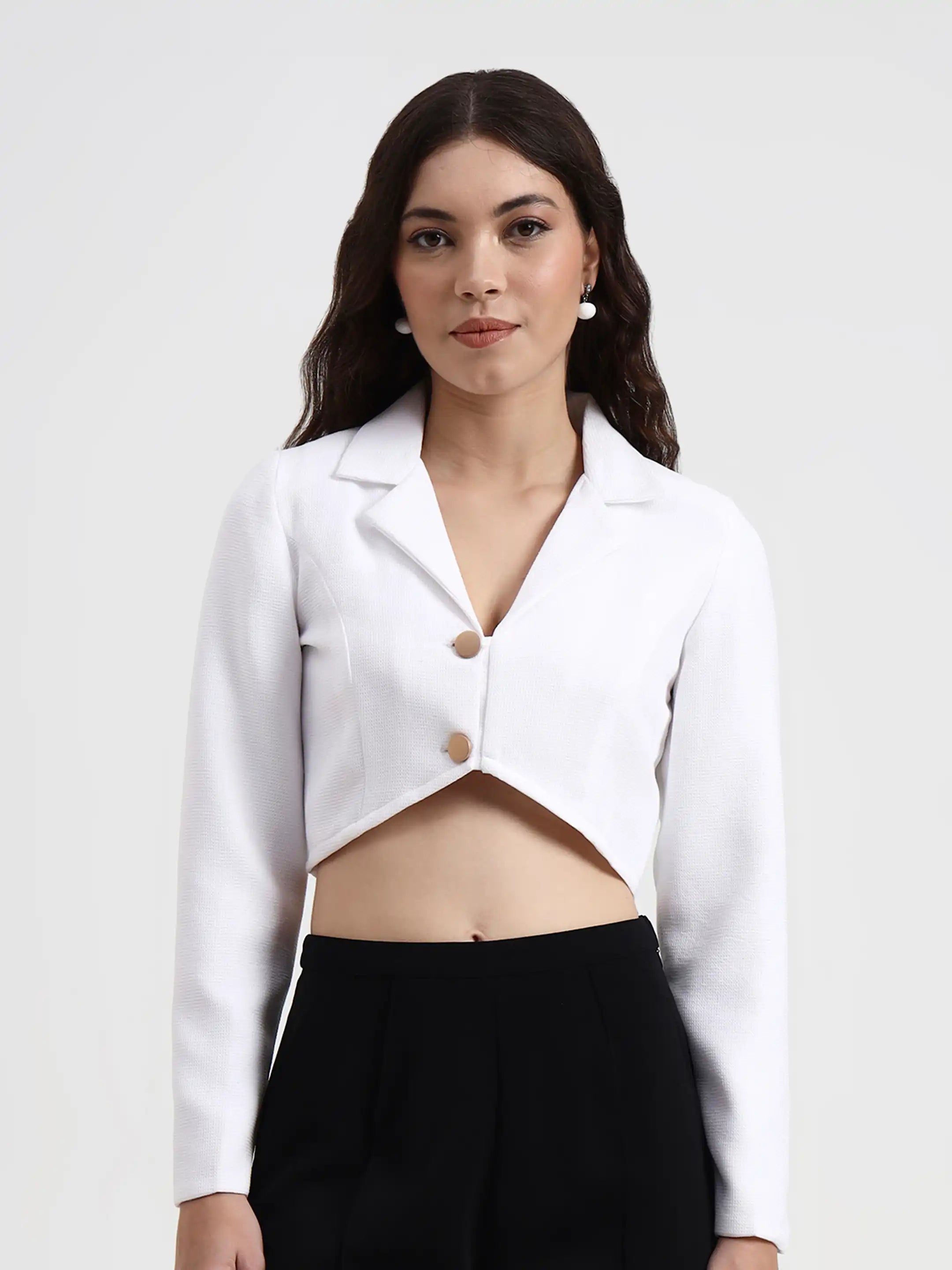 Curved Hem Crop Blazer - White