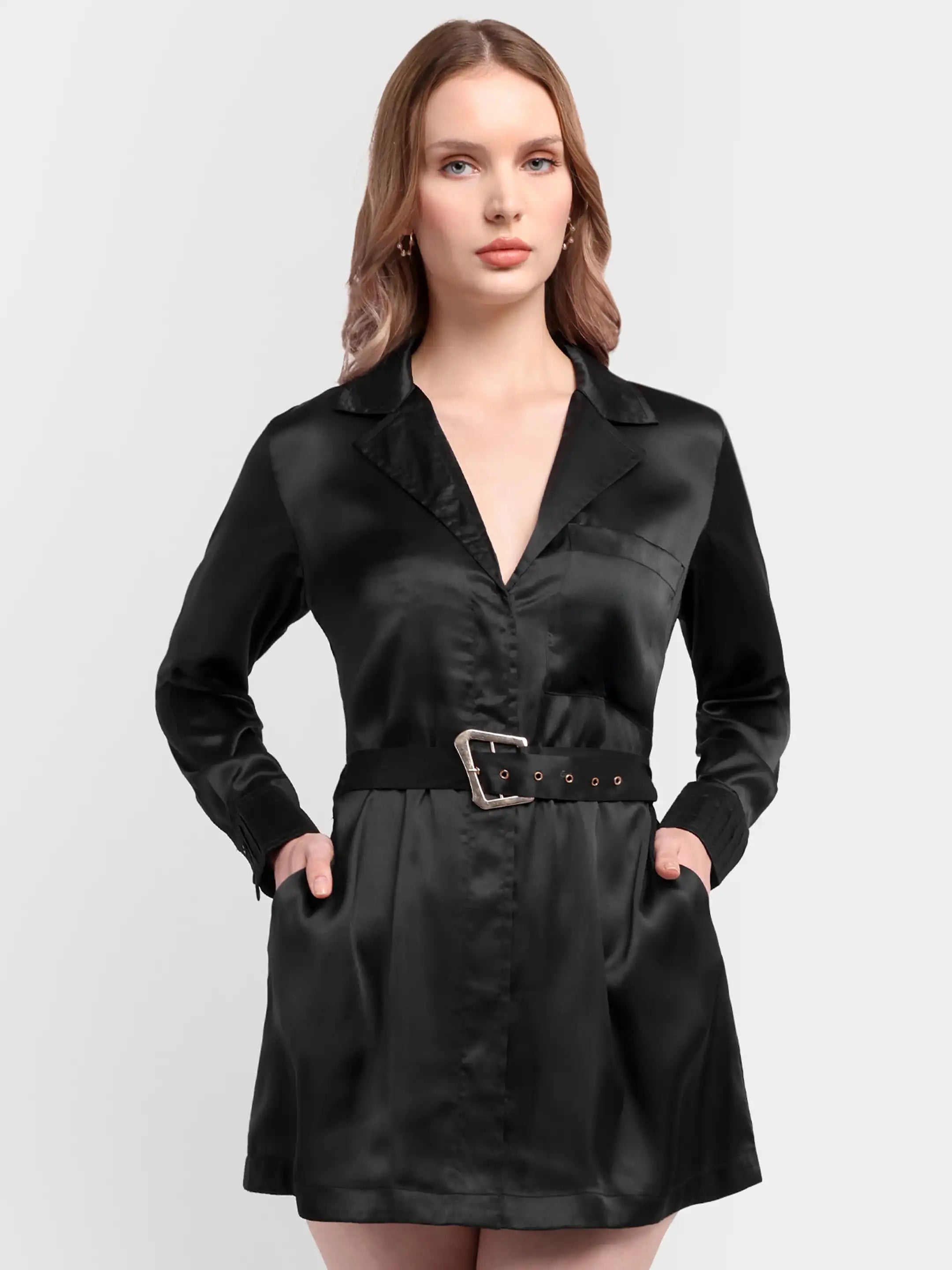 Pleat-Cuff Satin Dress - Black