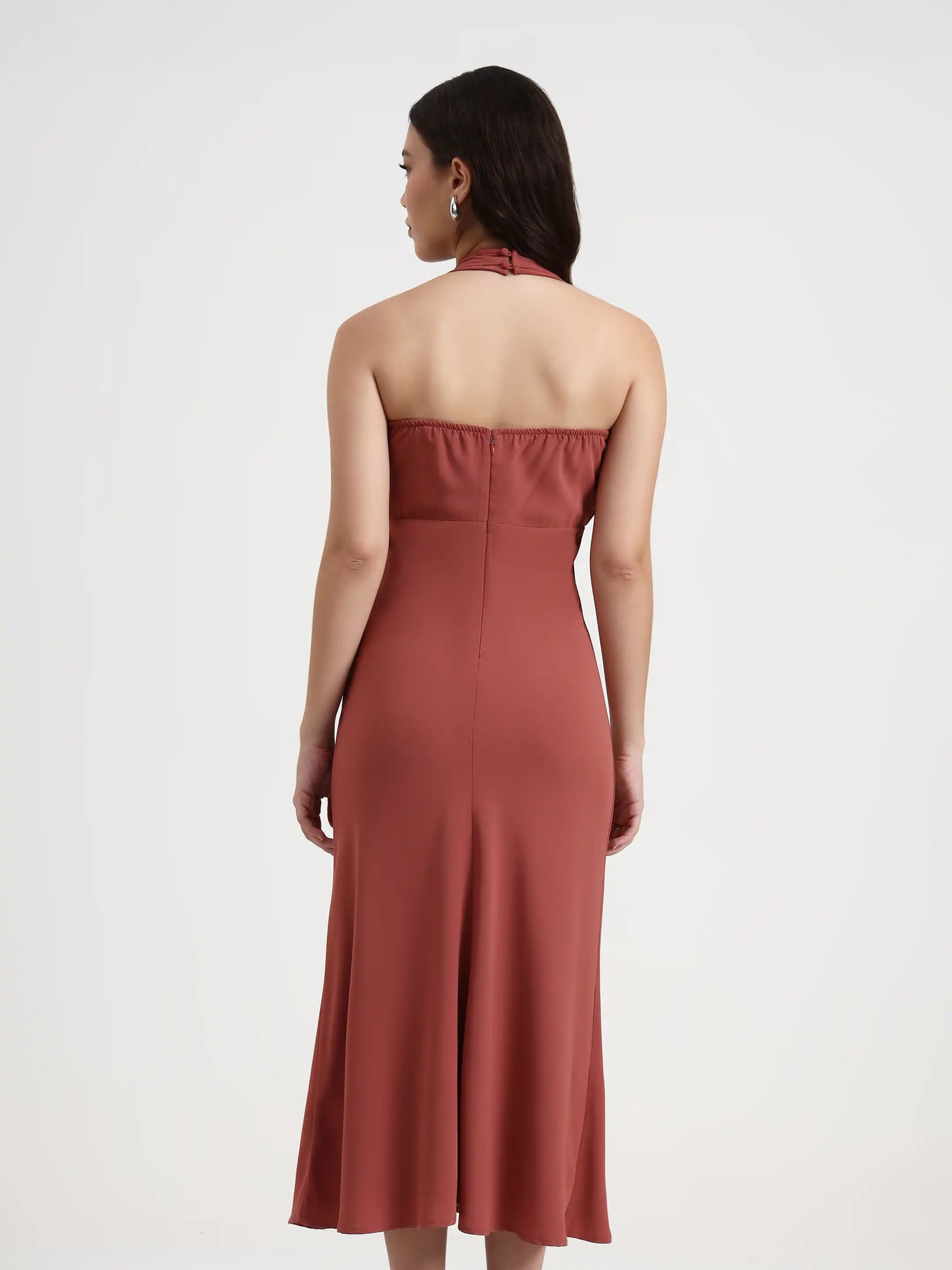 Long Pleated Halter Dress - Crimson Red