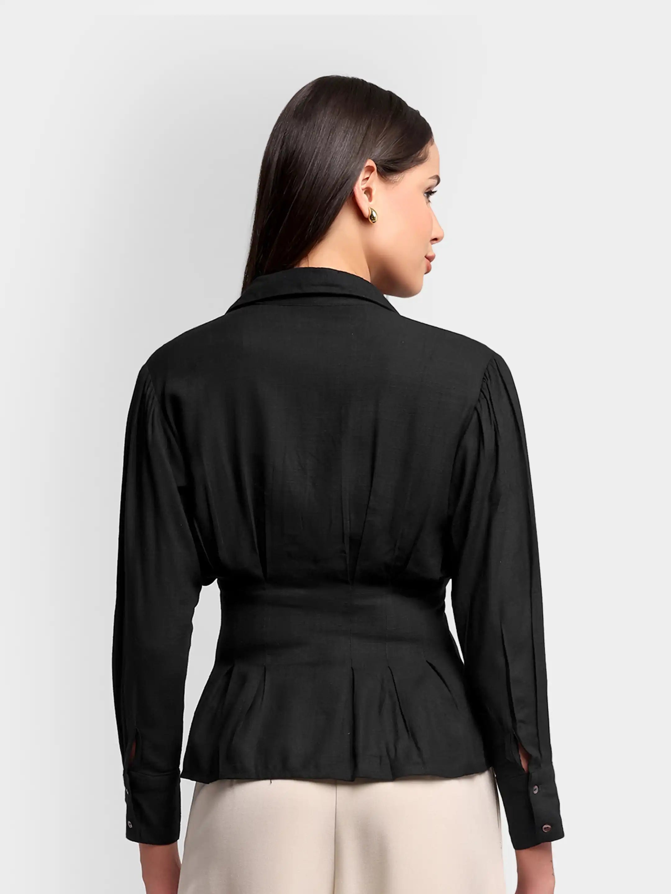 Darted Puff Linen Shirt - Black