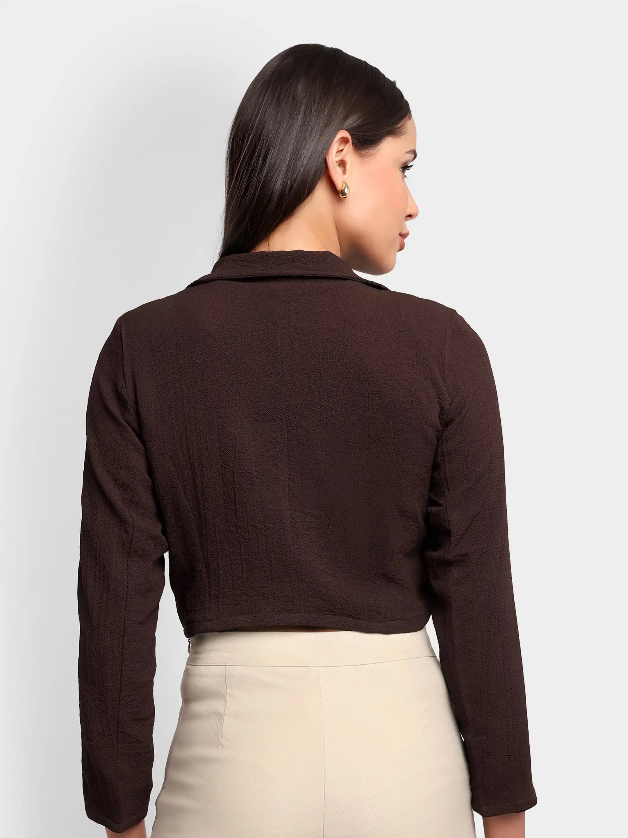 Curved Hem Crop Blazer - Chocolate Brown