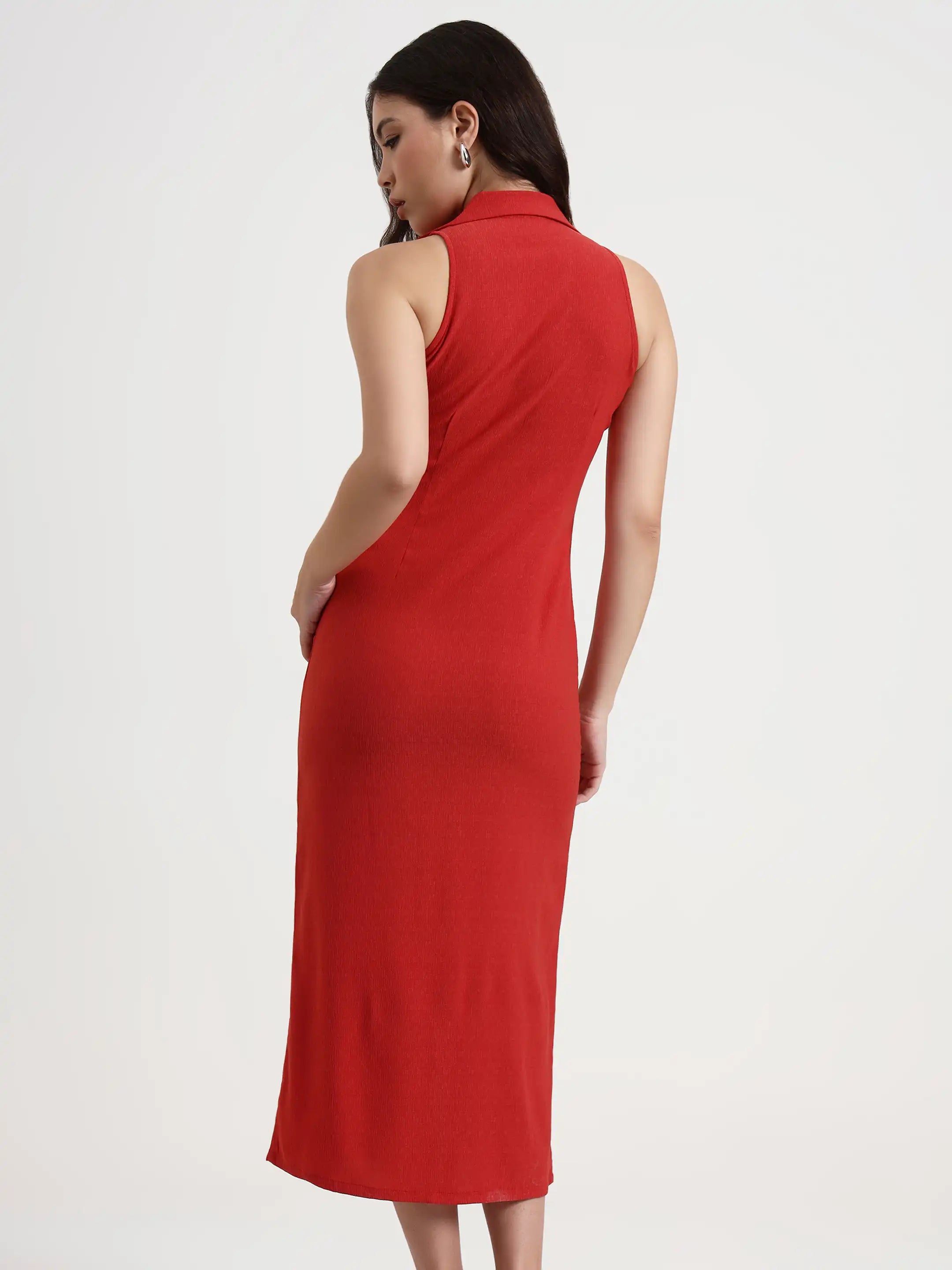 Tailored Button-Down Midi Dress - Coral Red 2.0