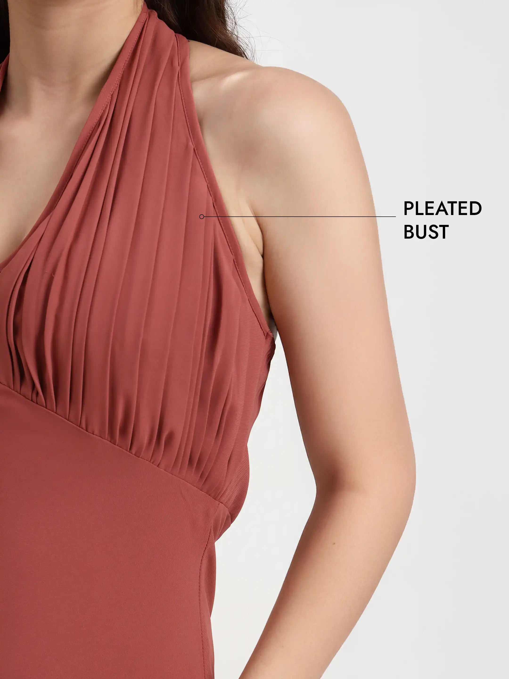 Long Pleated Halter Dress - Crimson Red