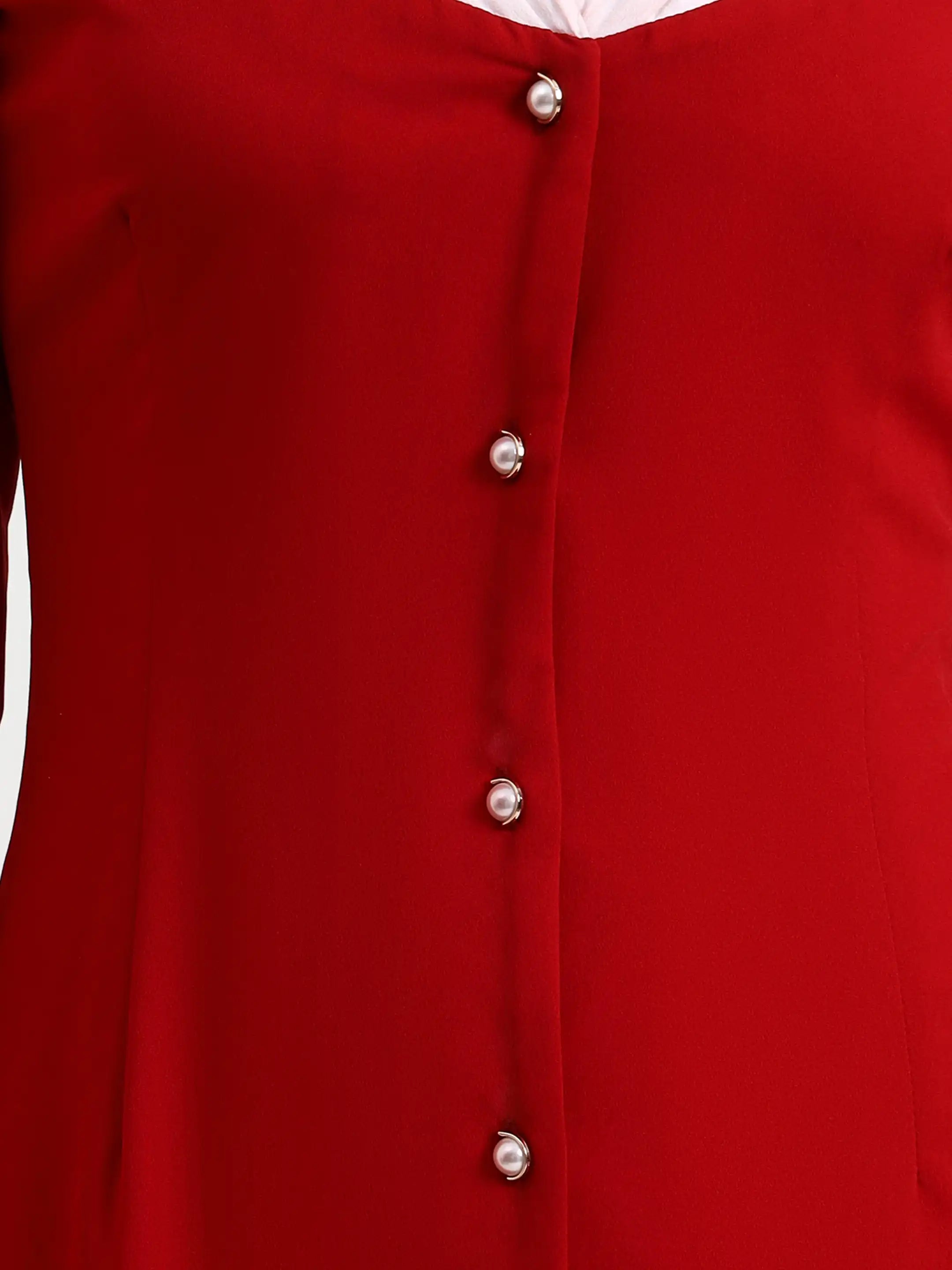Button-Front Contrast Dress Red