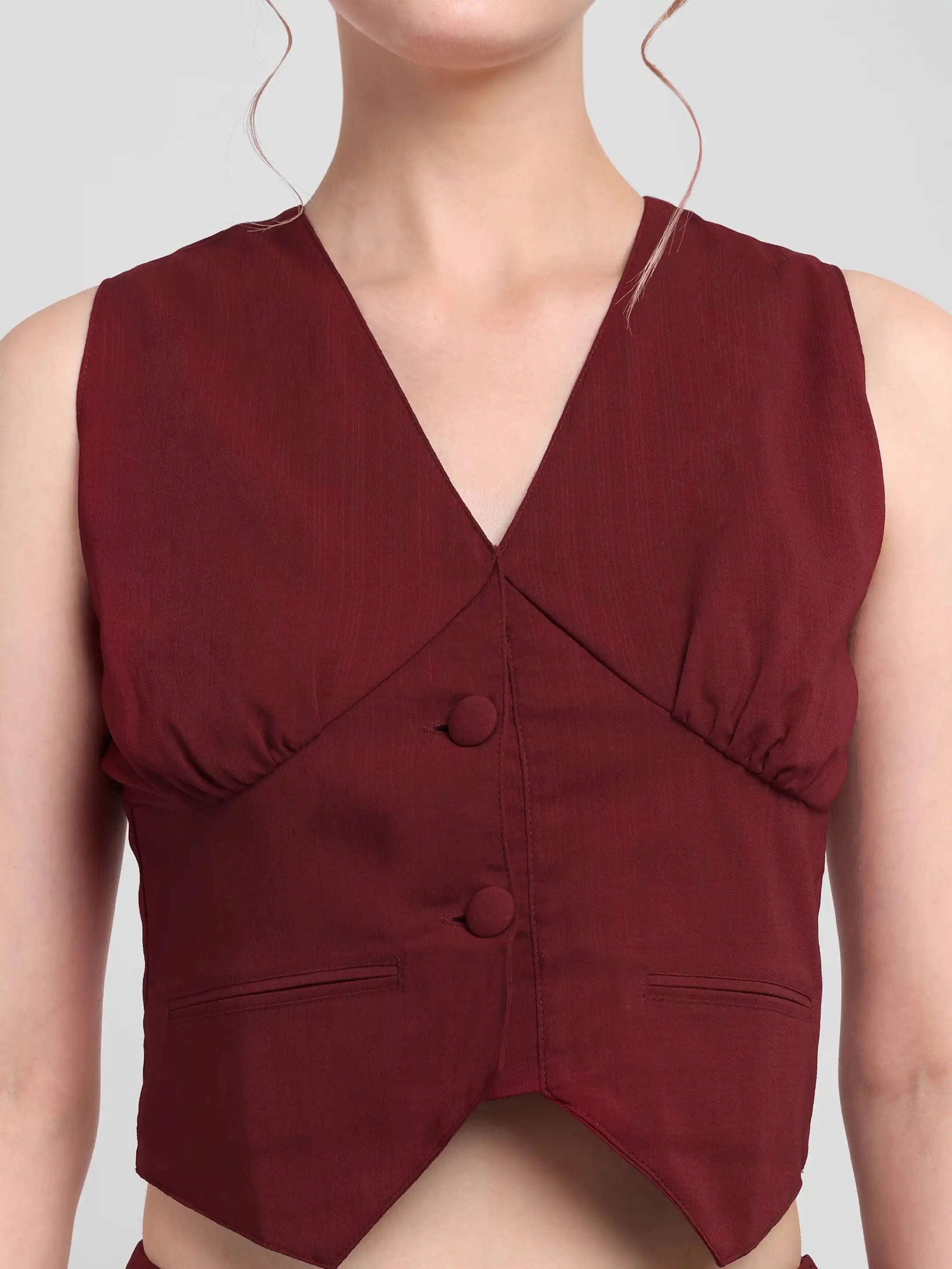 Pleated Waistcoat Set - Maroon