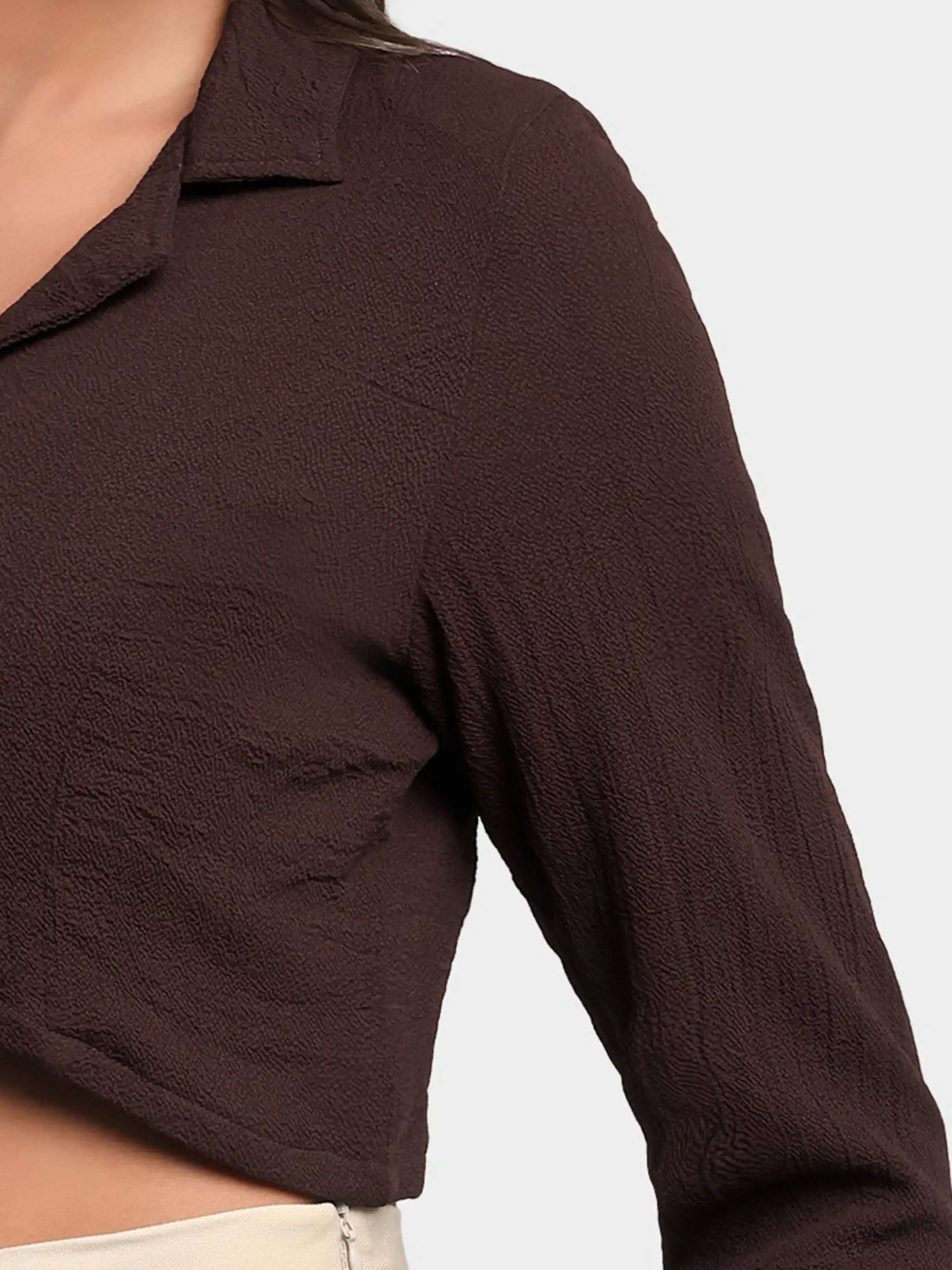 Curved Hem Crop Blazer - Chocolate Brown