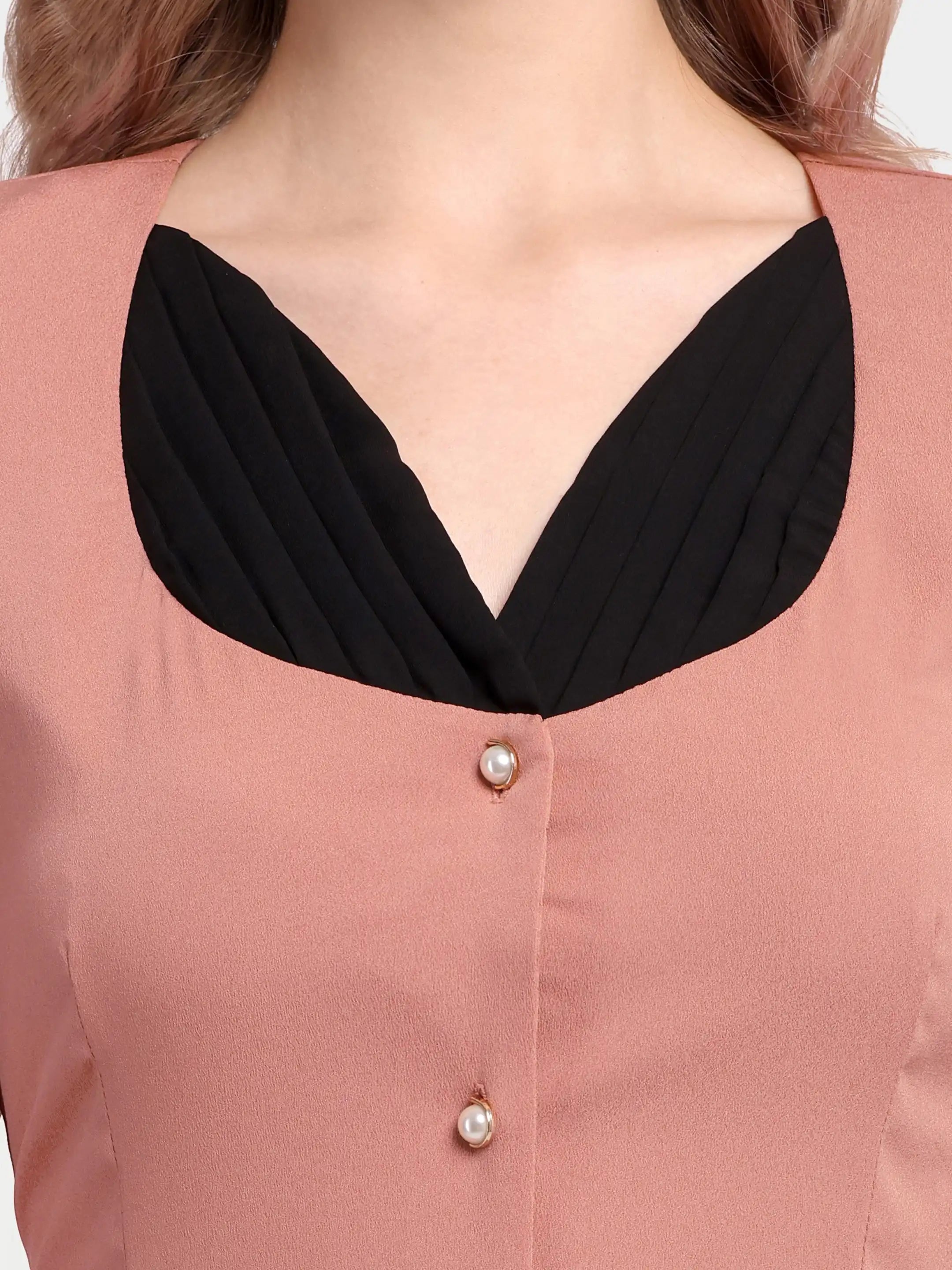 Button-Front Contrast Dress Peach