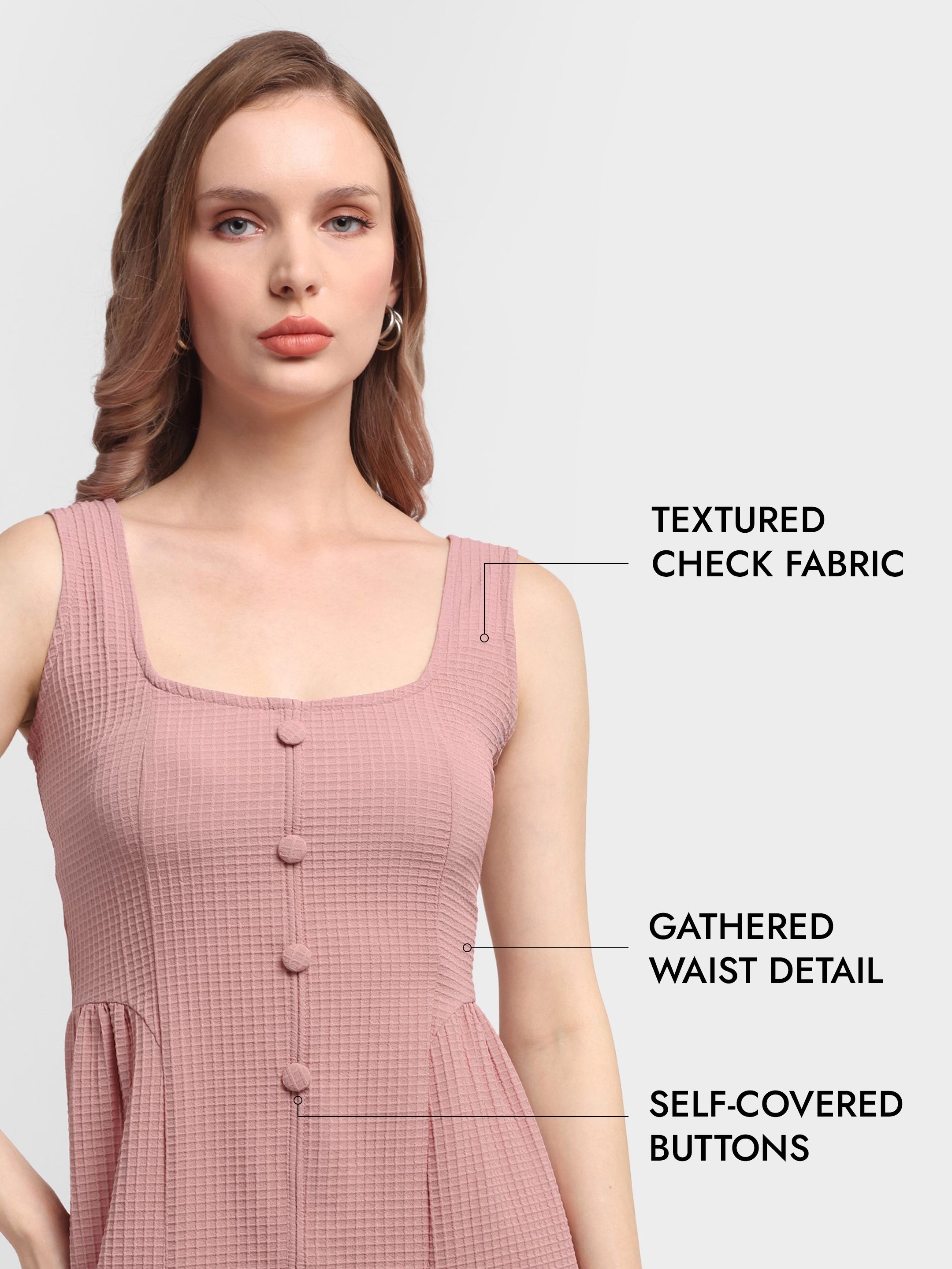Checked Gathered-Waist Dress - Dusty Pink