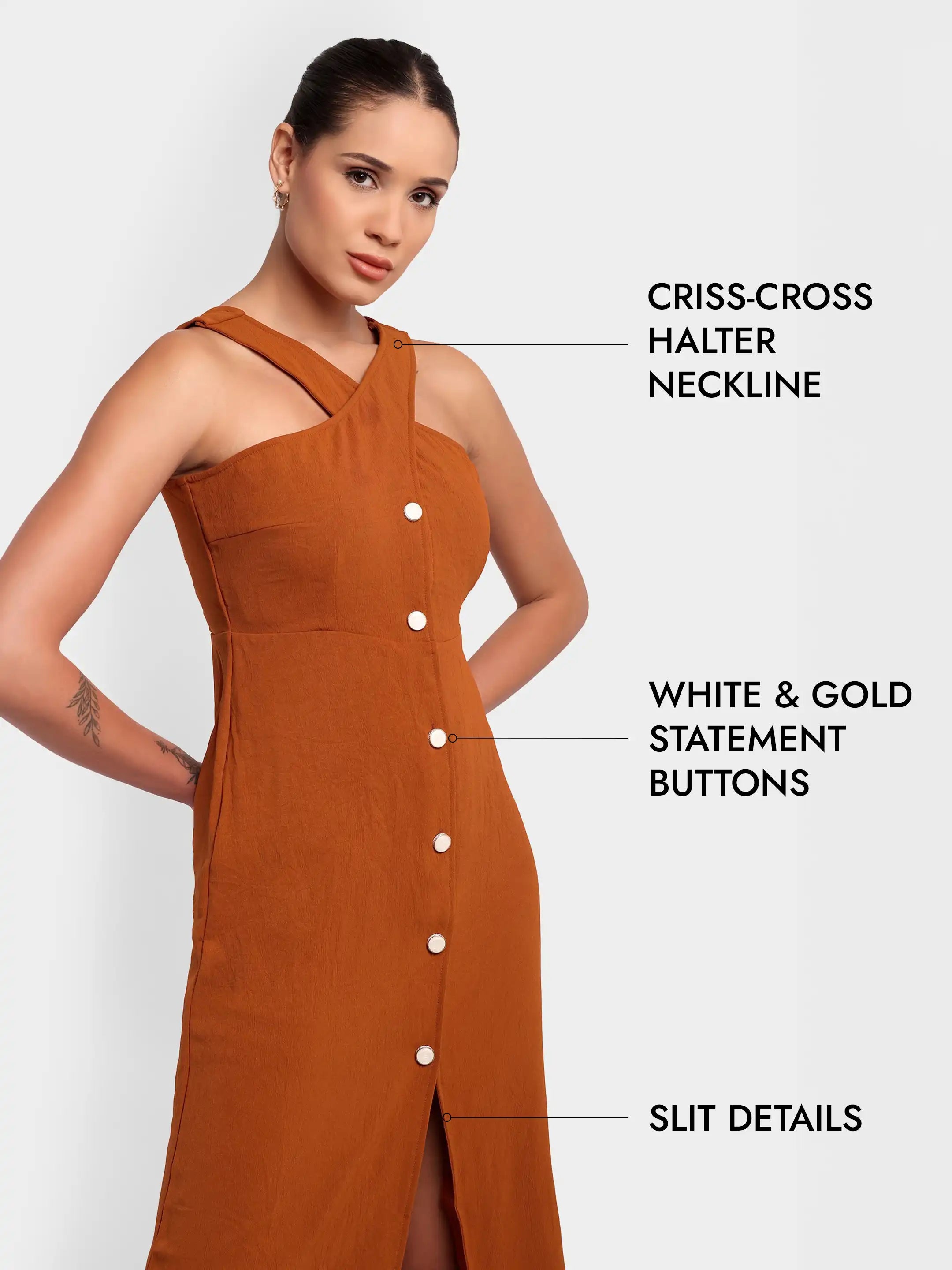 Slit Halter Shirt Dress - Rust Orange