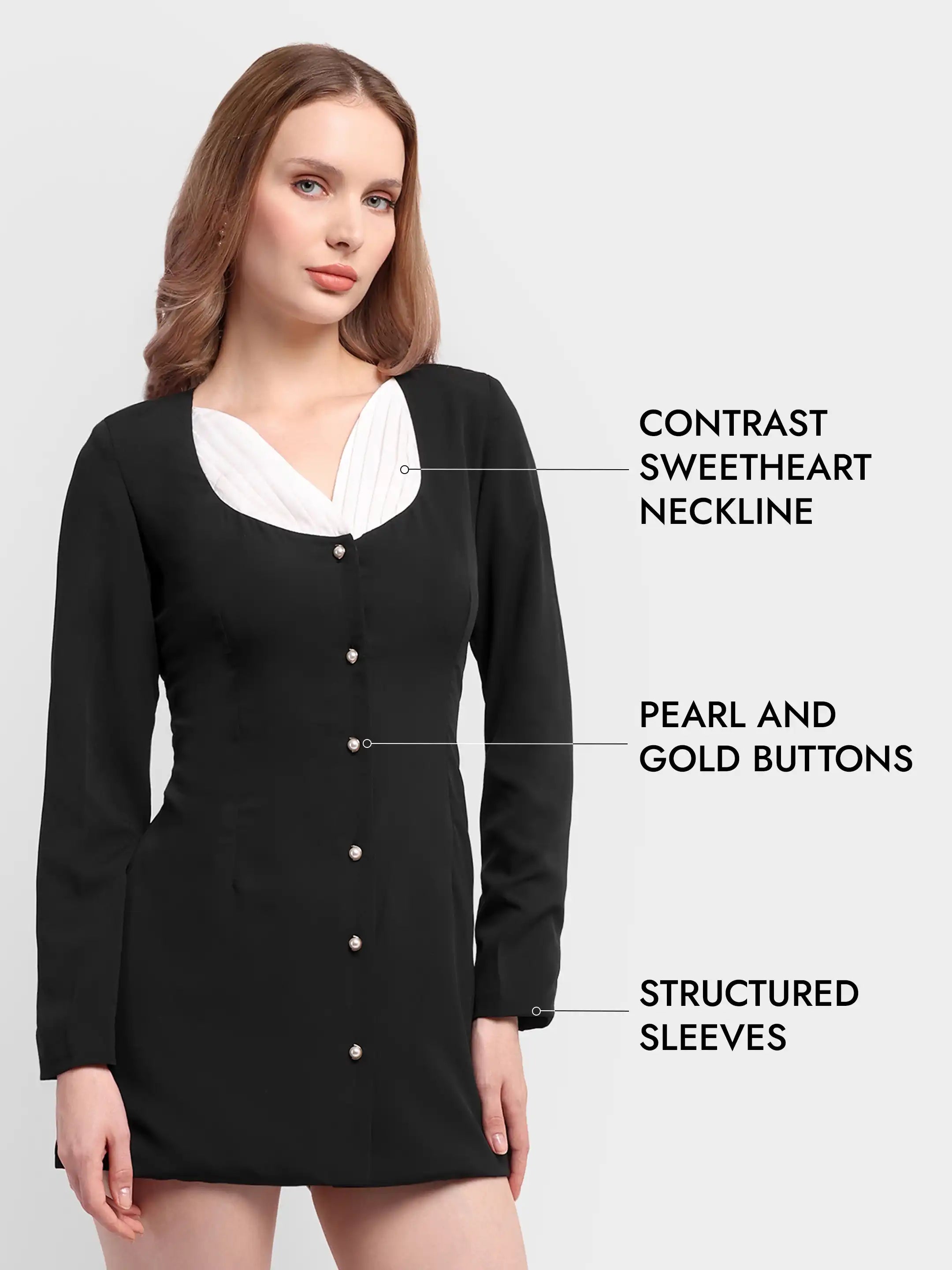 Button-Front Contrast Dress Black