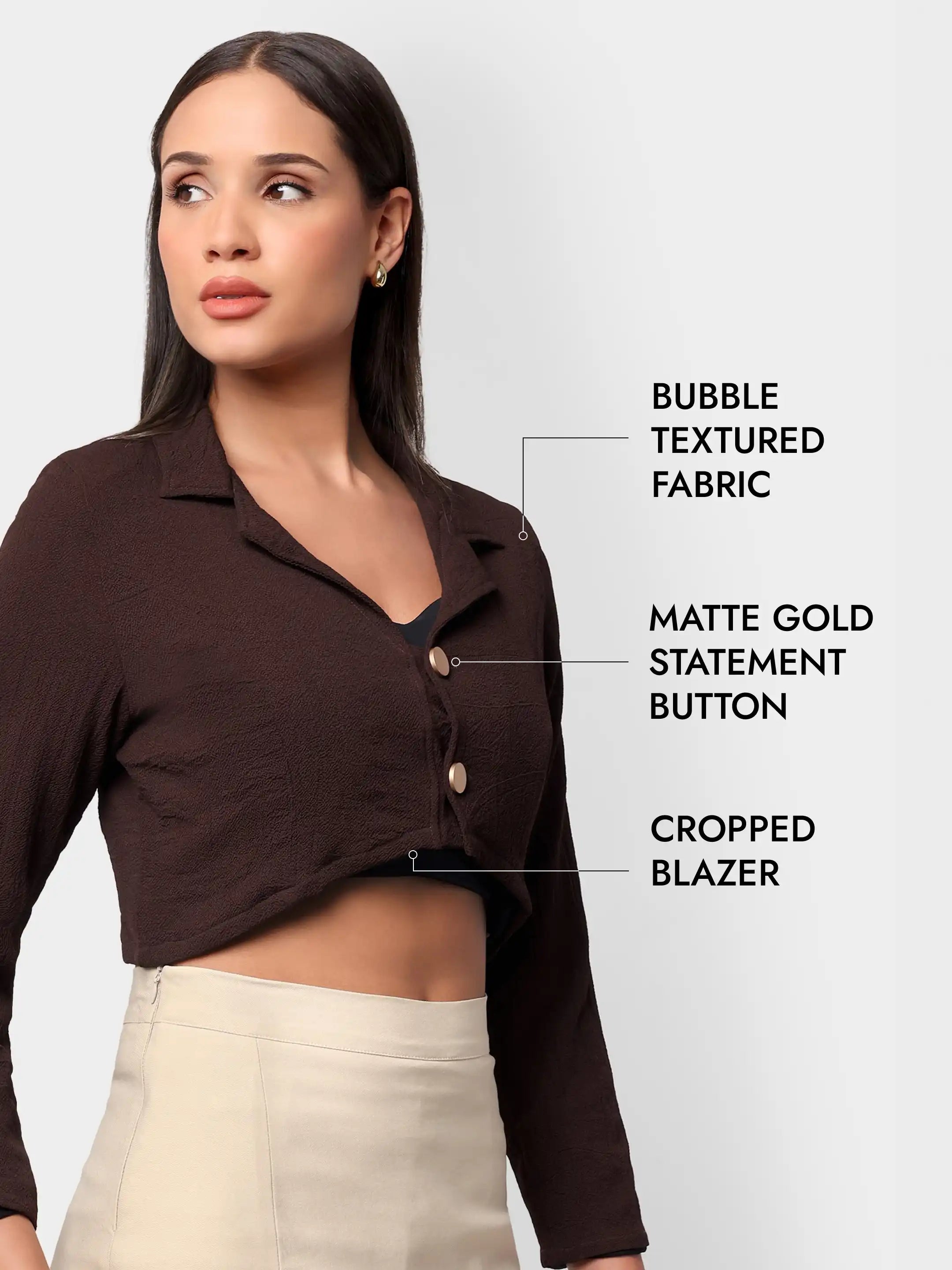 Curved Hem Crop Blazer - Chocolate Brown