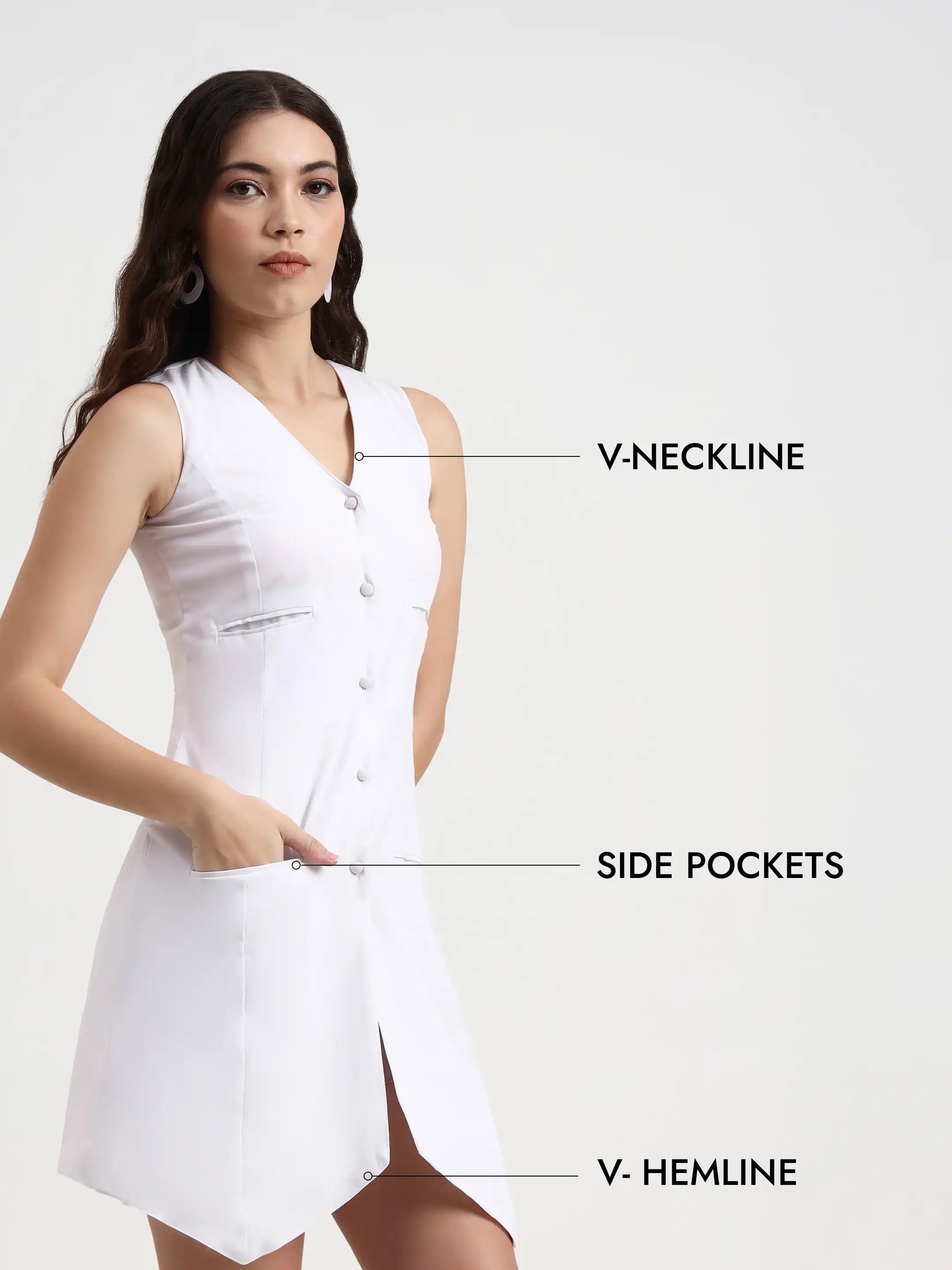 Asymmetric Button Mini Dress - White
