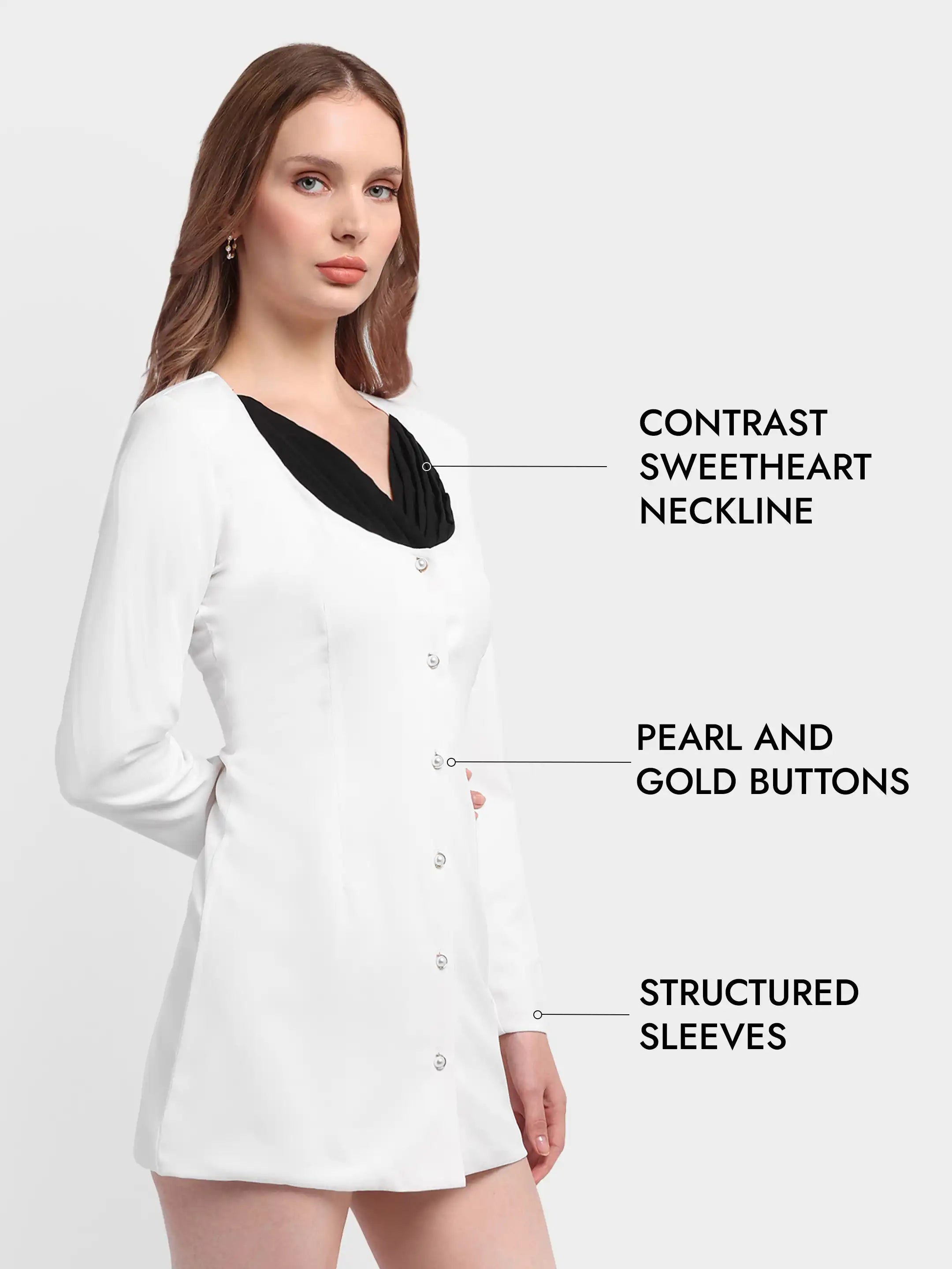 Button-Front Contrast Dress White