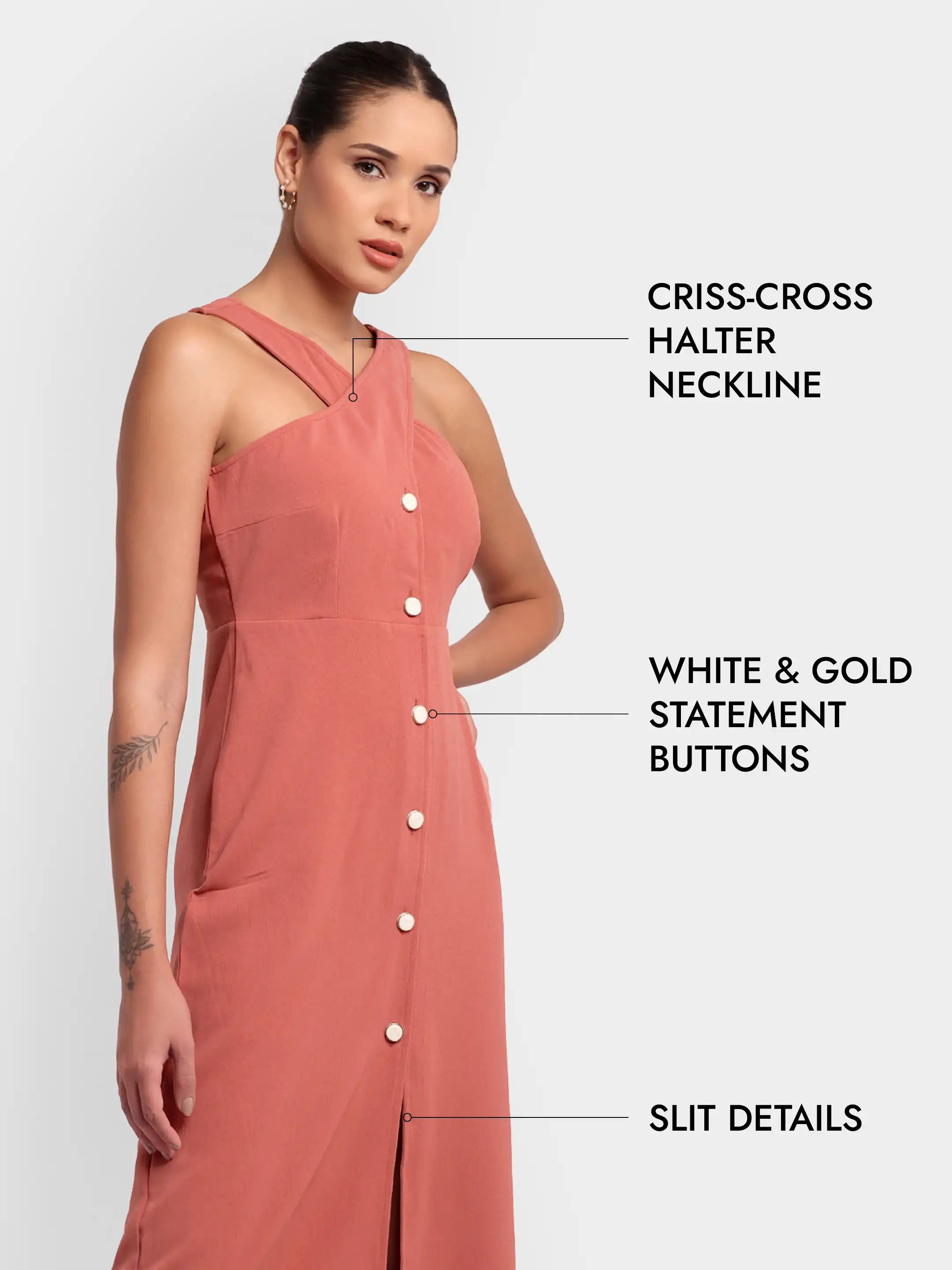 Slit Halter Shirt Dress - Peach