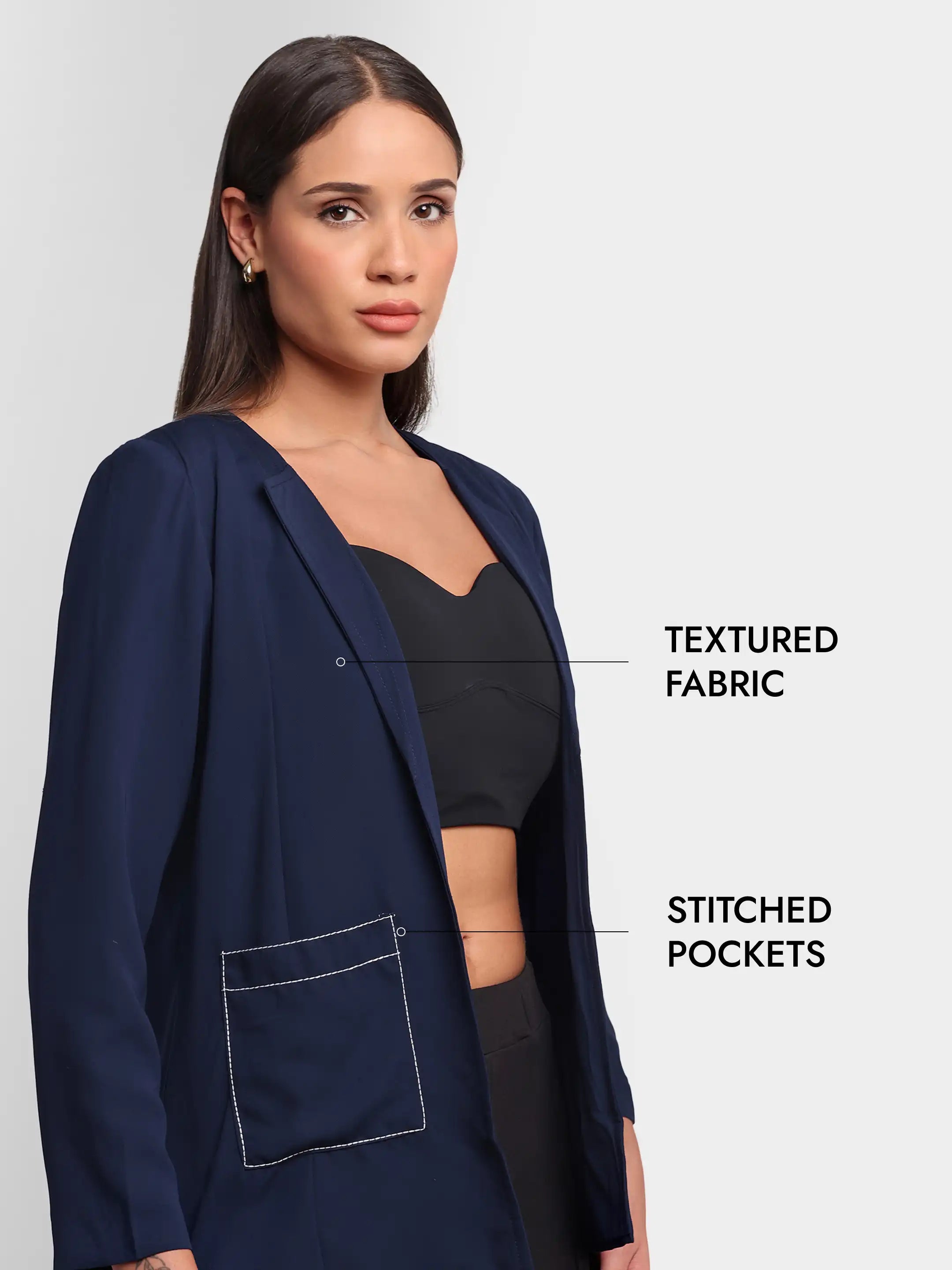 Embroidered Structured Blazer - Navy Blue