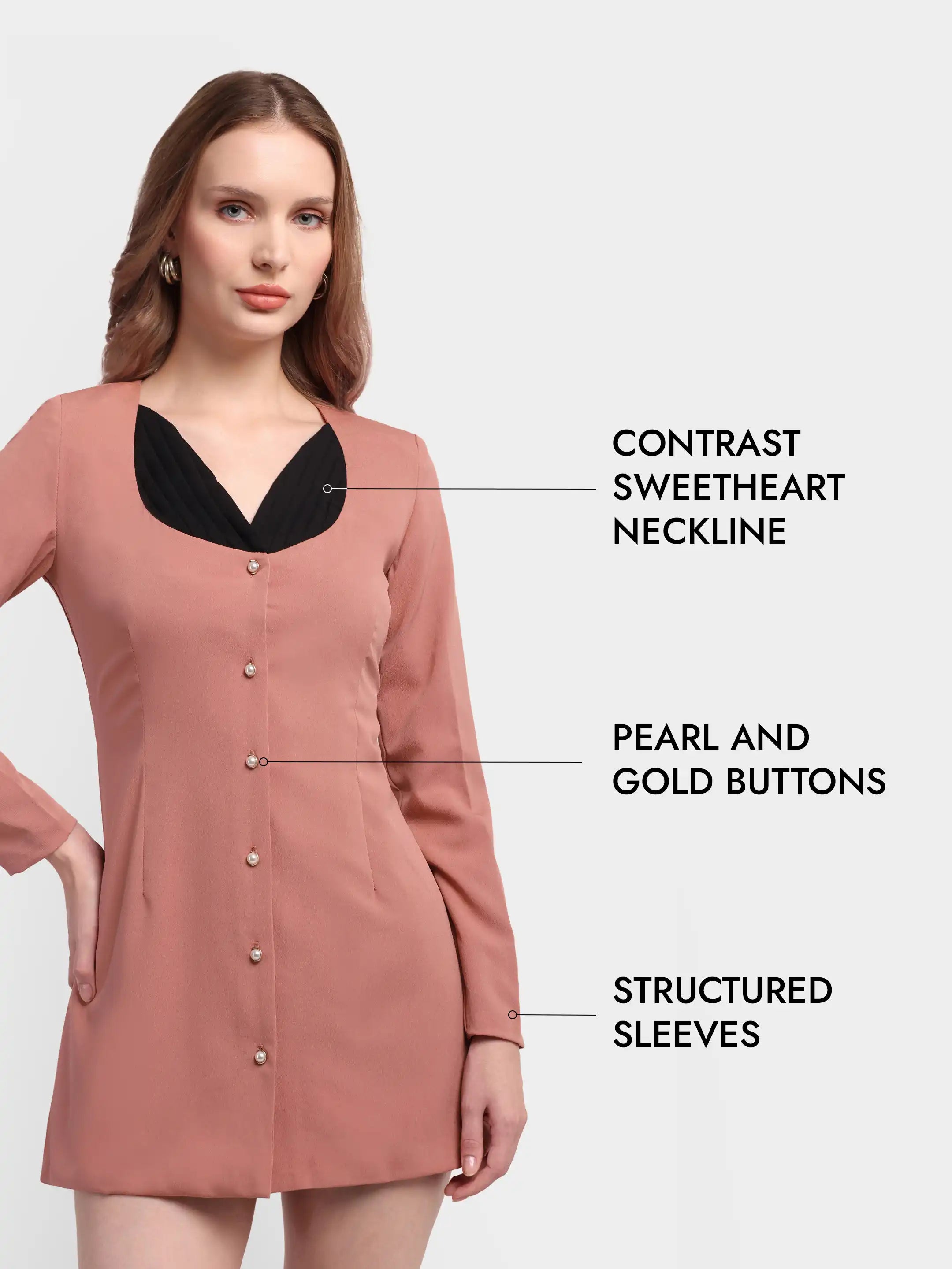 Button-Front Contrast Dress Peach
