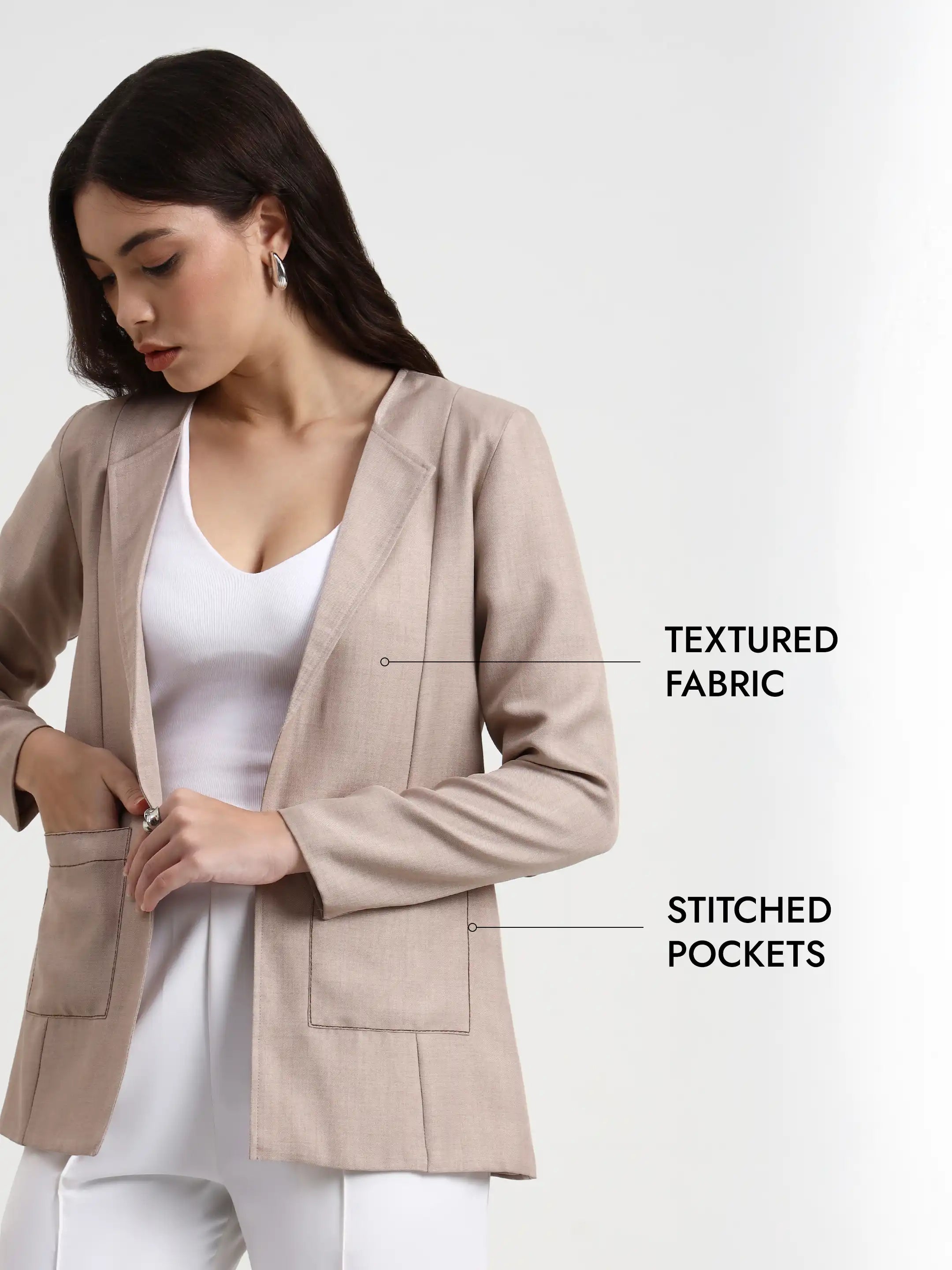 Embroidered Structured Blazer - Warm Beige