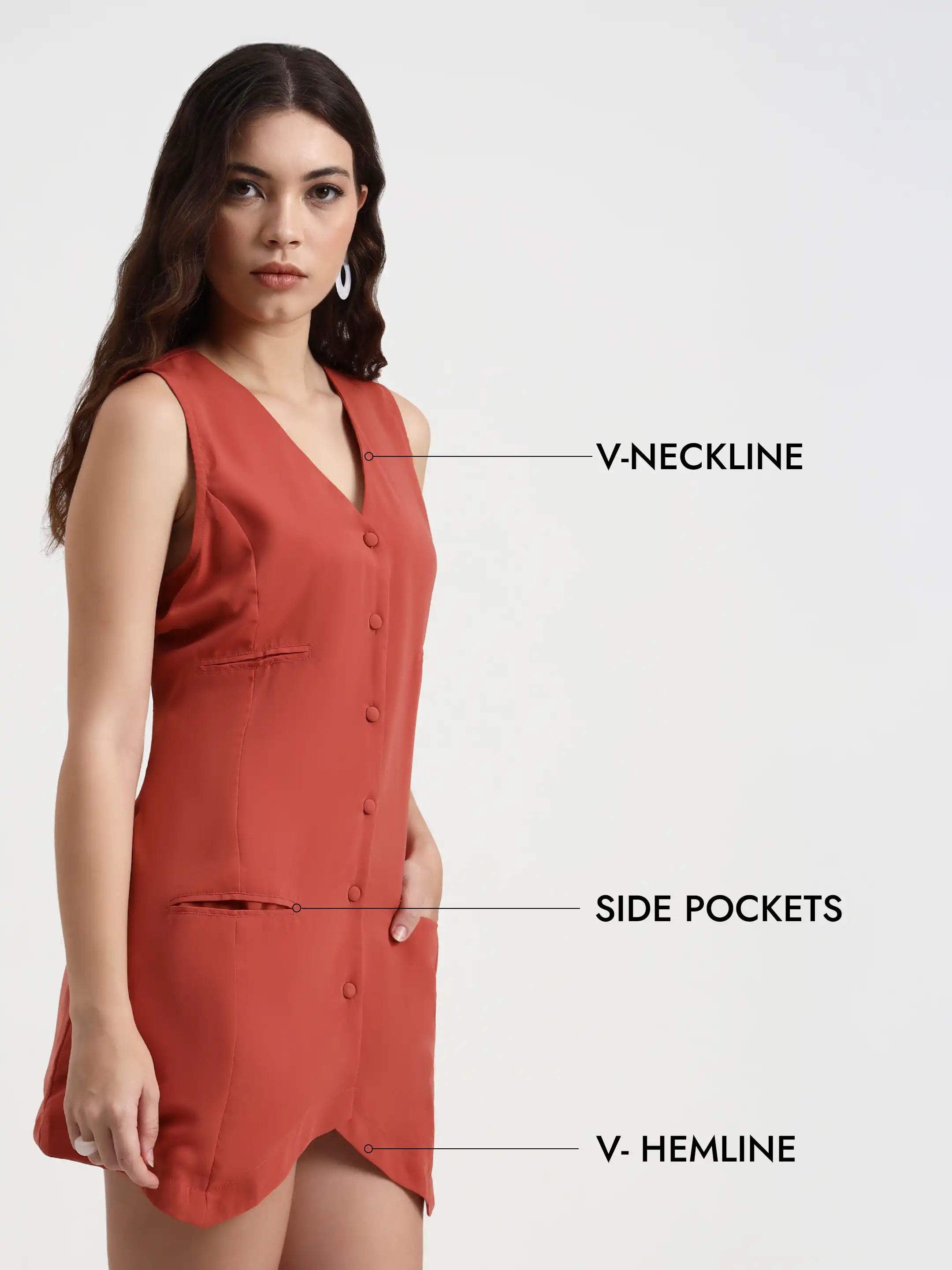 Asymmetric Button Mini Dress - Peach