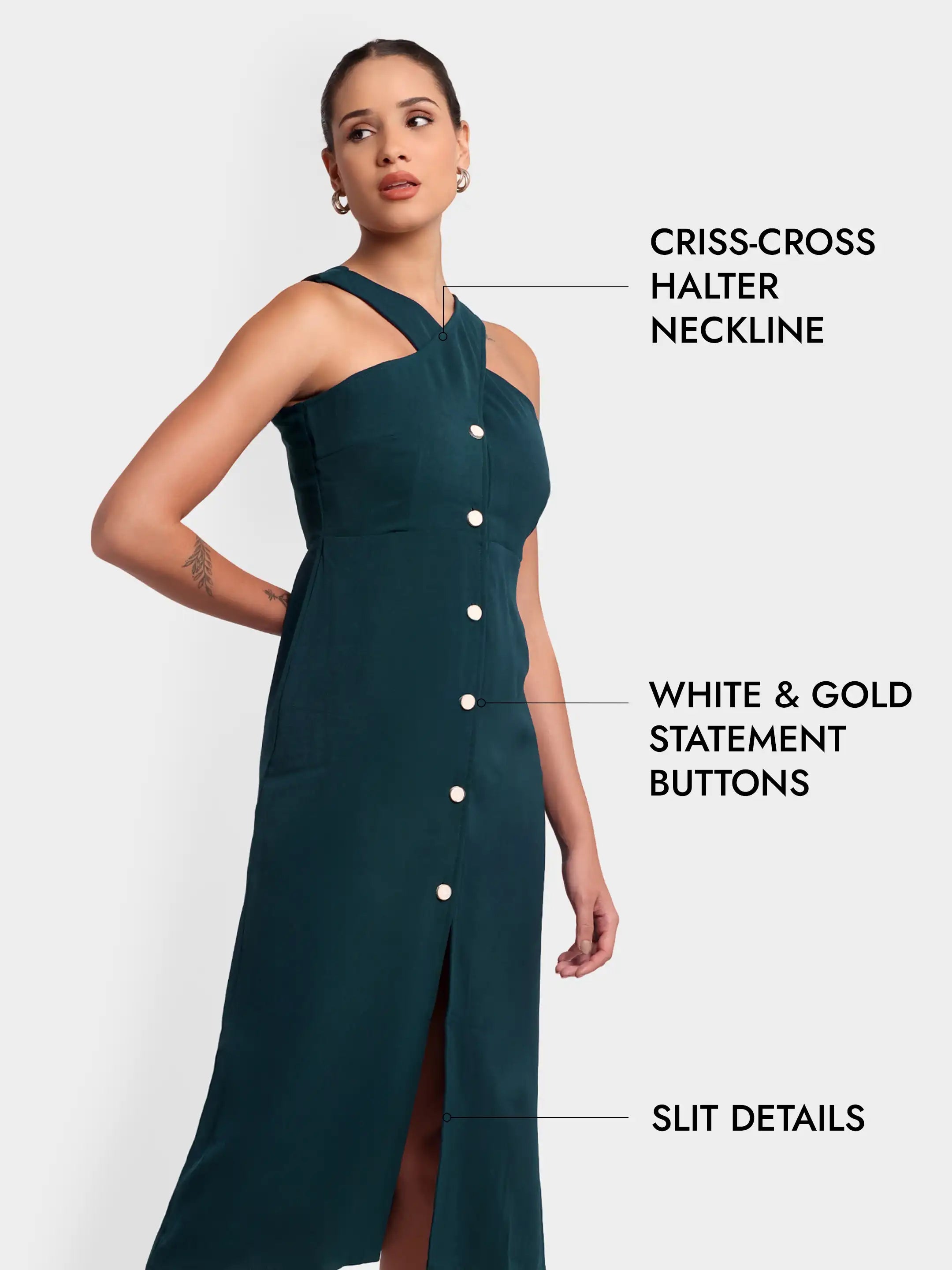Slit Halter Shirt Dress - Teal