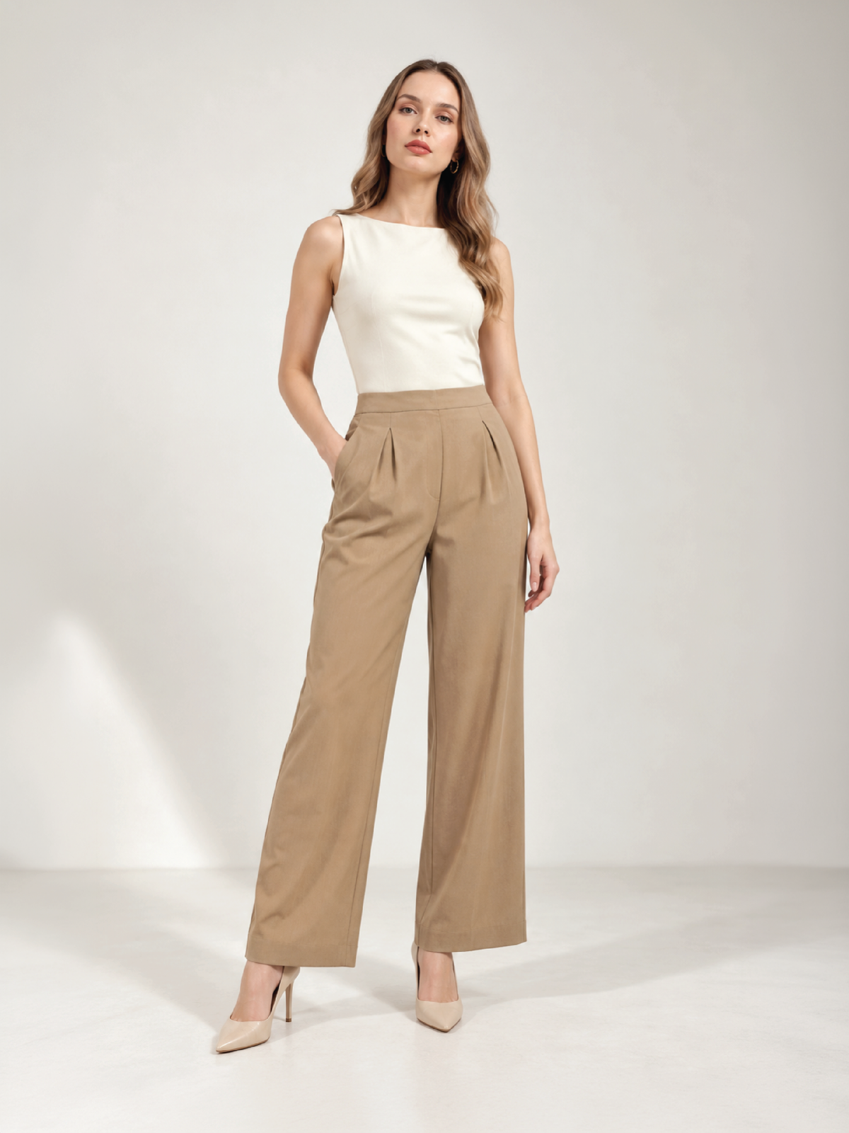Pleated Suit Trousers - Beige