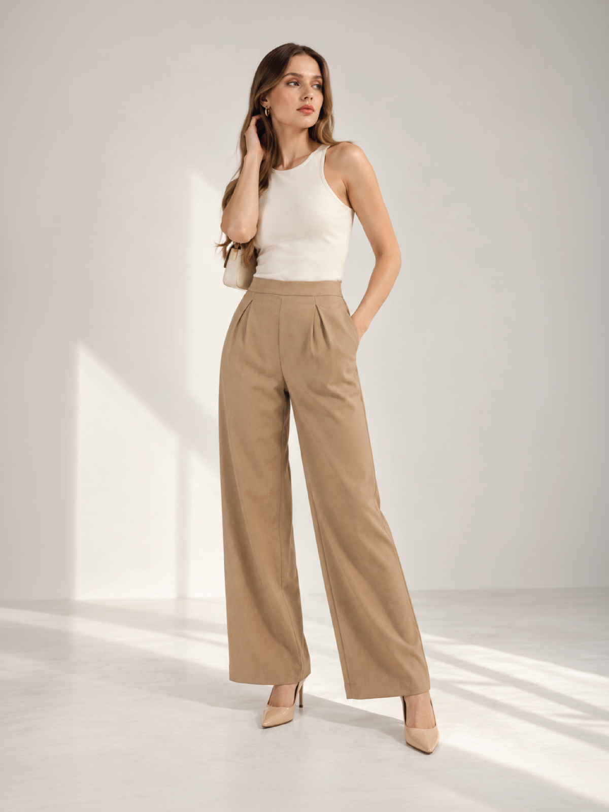 Pleated Suit Trousers - Beige