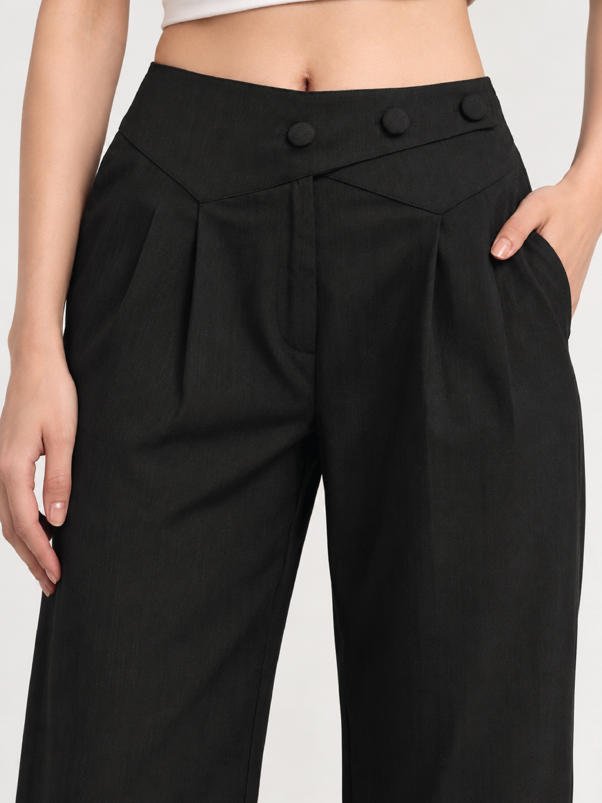 Belted Overlap Trousers - Black