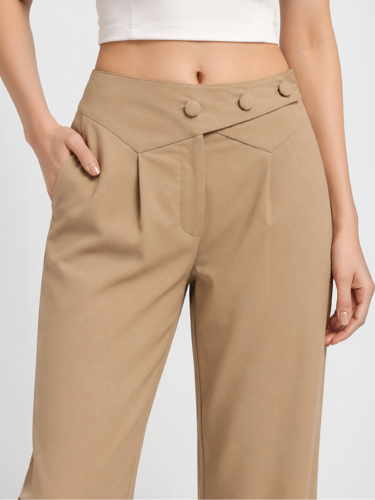 Belted Overlap Trousers - Beige