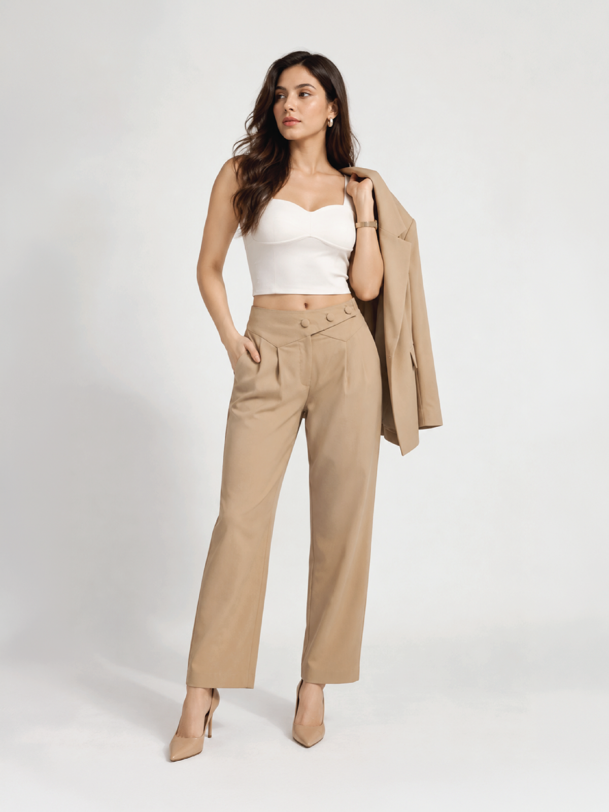 Belted Overlap Trousers - Beige
