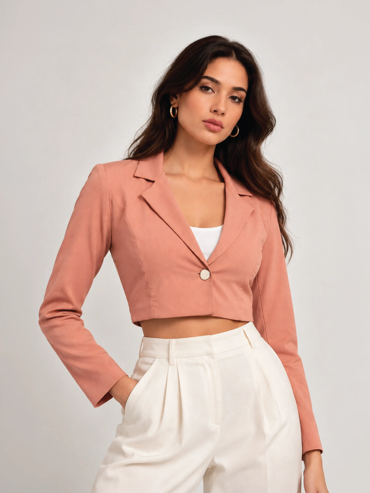 Single-Breasted Crop Blazer - Peach