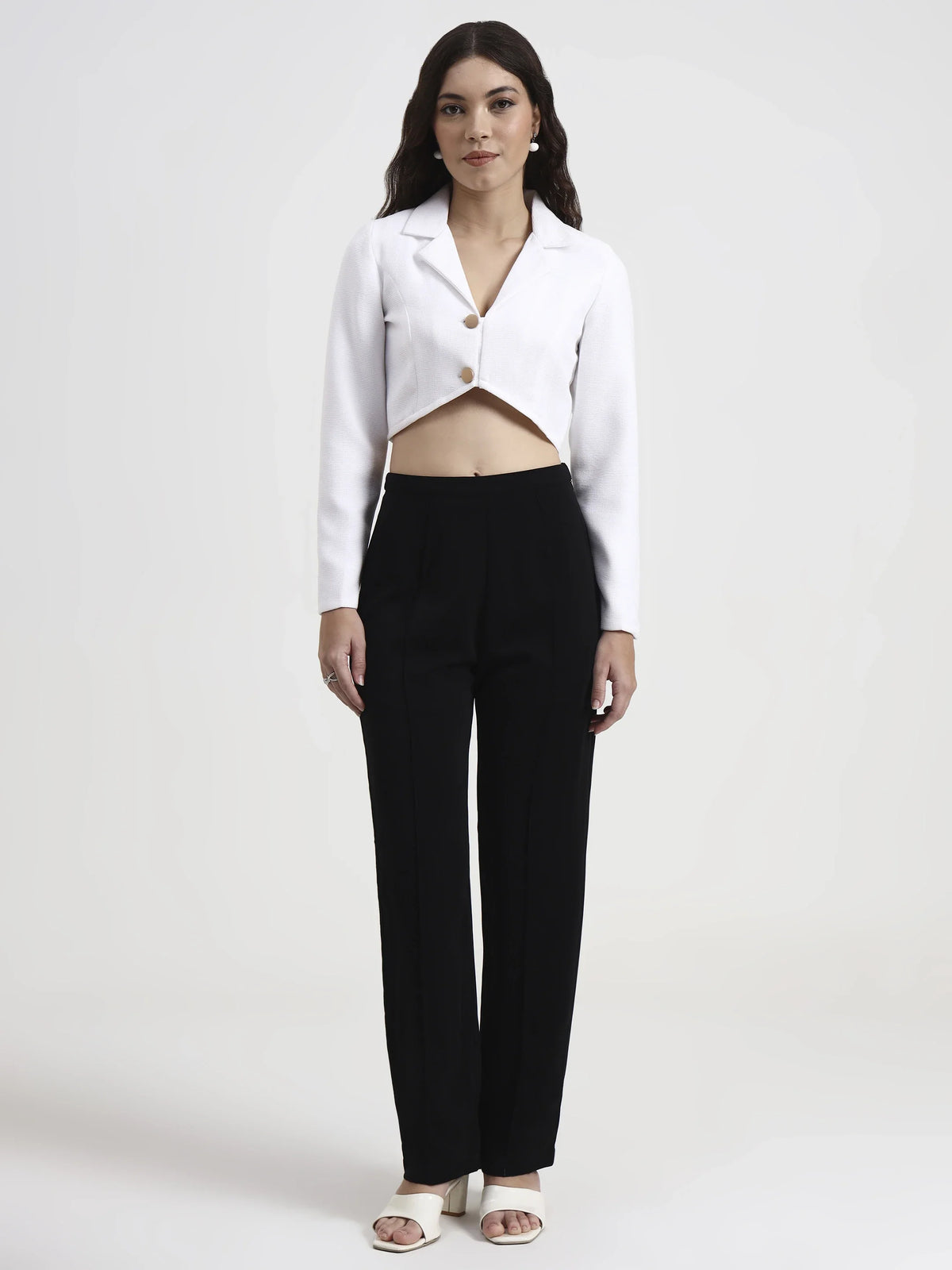 Curved Hem Crop Blazer - White