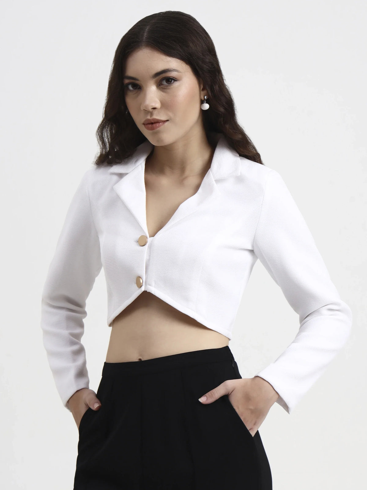 Curved Hem Crop Blazer - White