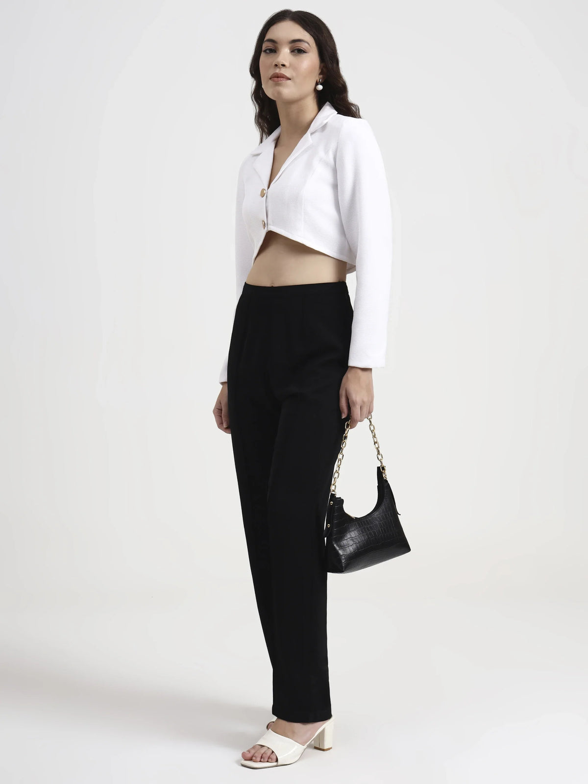 Curved Hem Crop Blazer - White