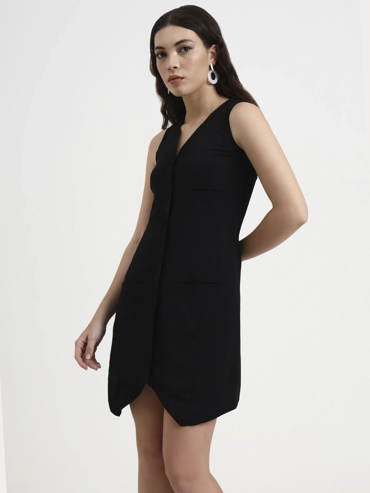 Asymmetric Button Mini Dress - Black