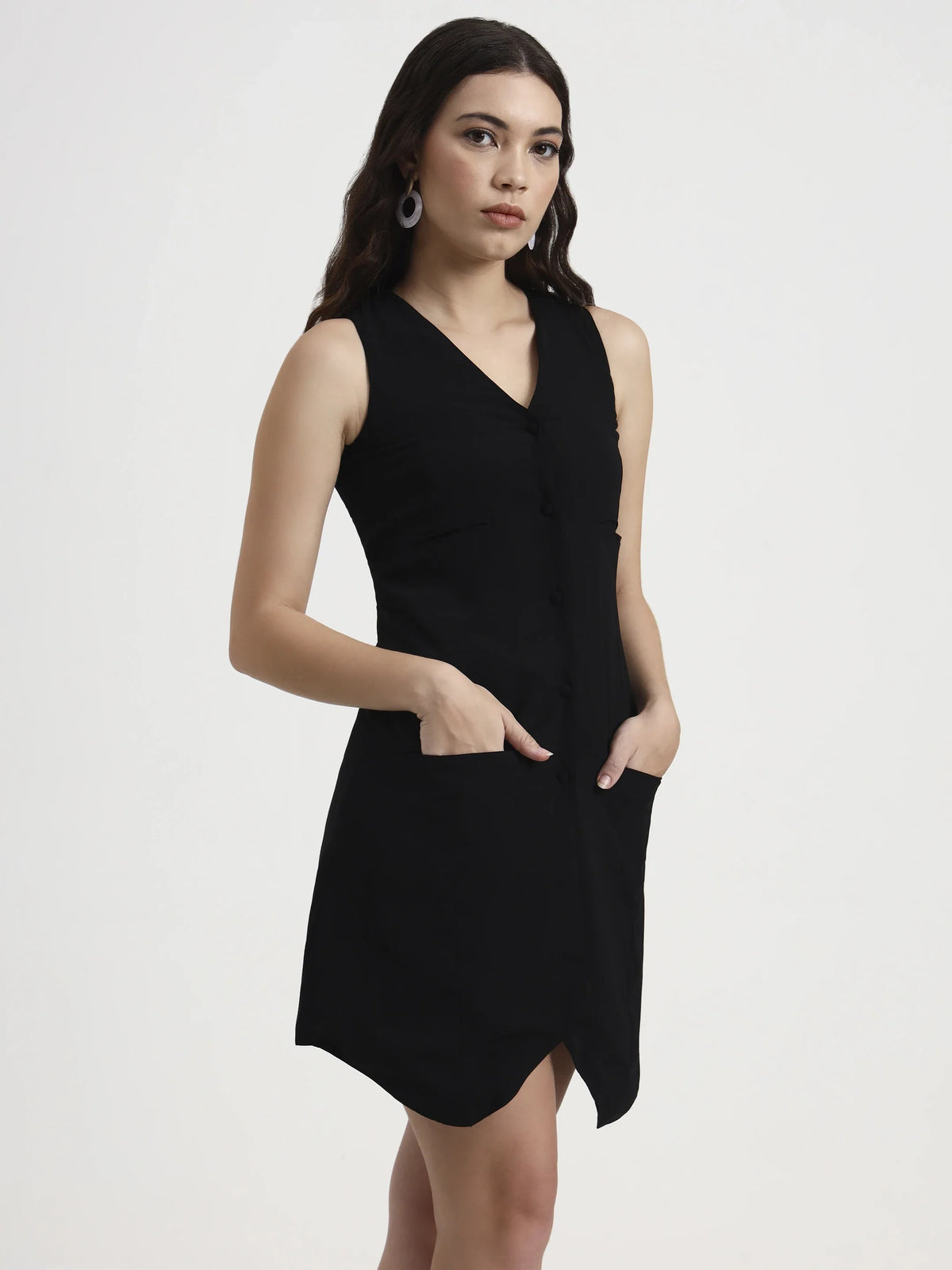 Asymmetric Button Mini Dress - Black