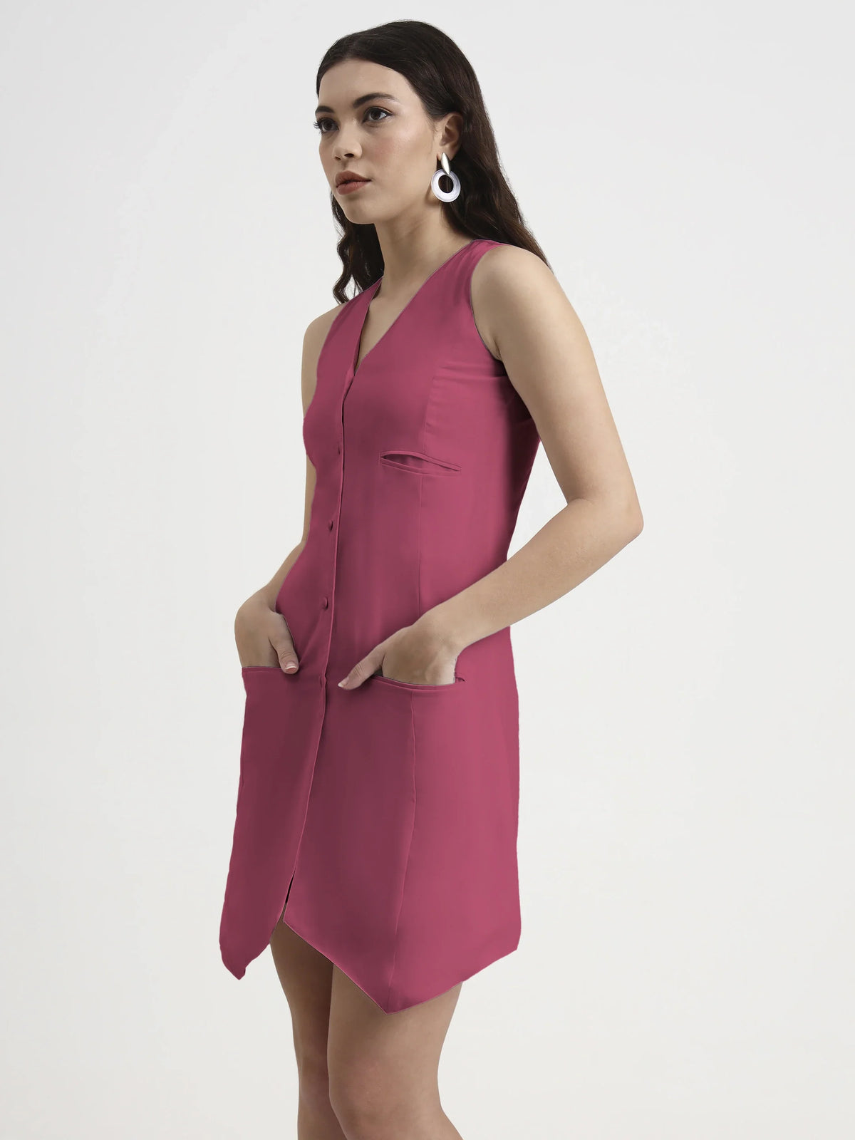 Asymmetric Button Mini Dress - Pink