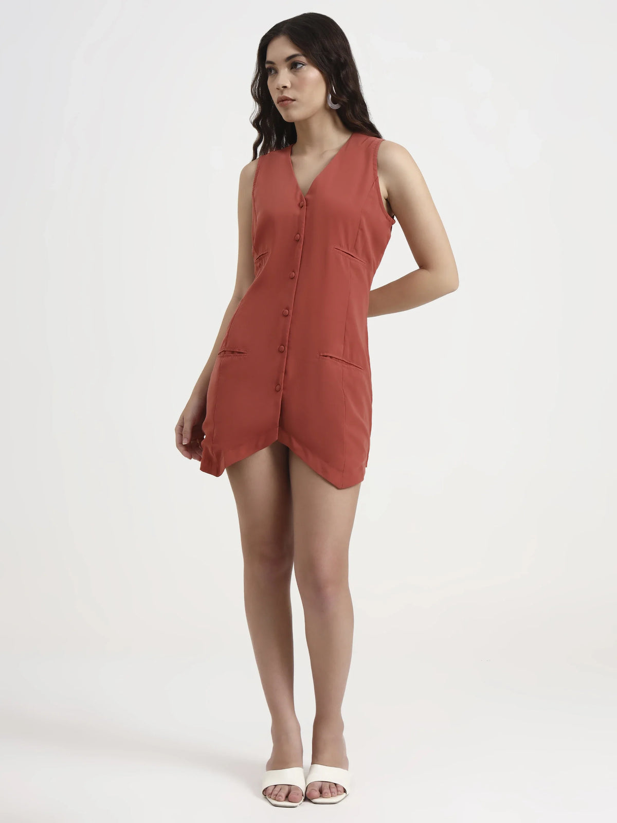 Asymmetric Button Mini Dress - Peach