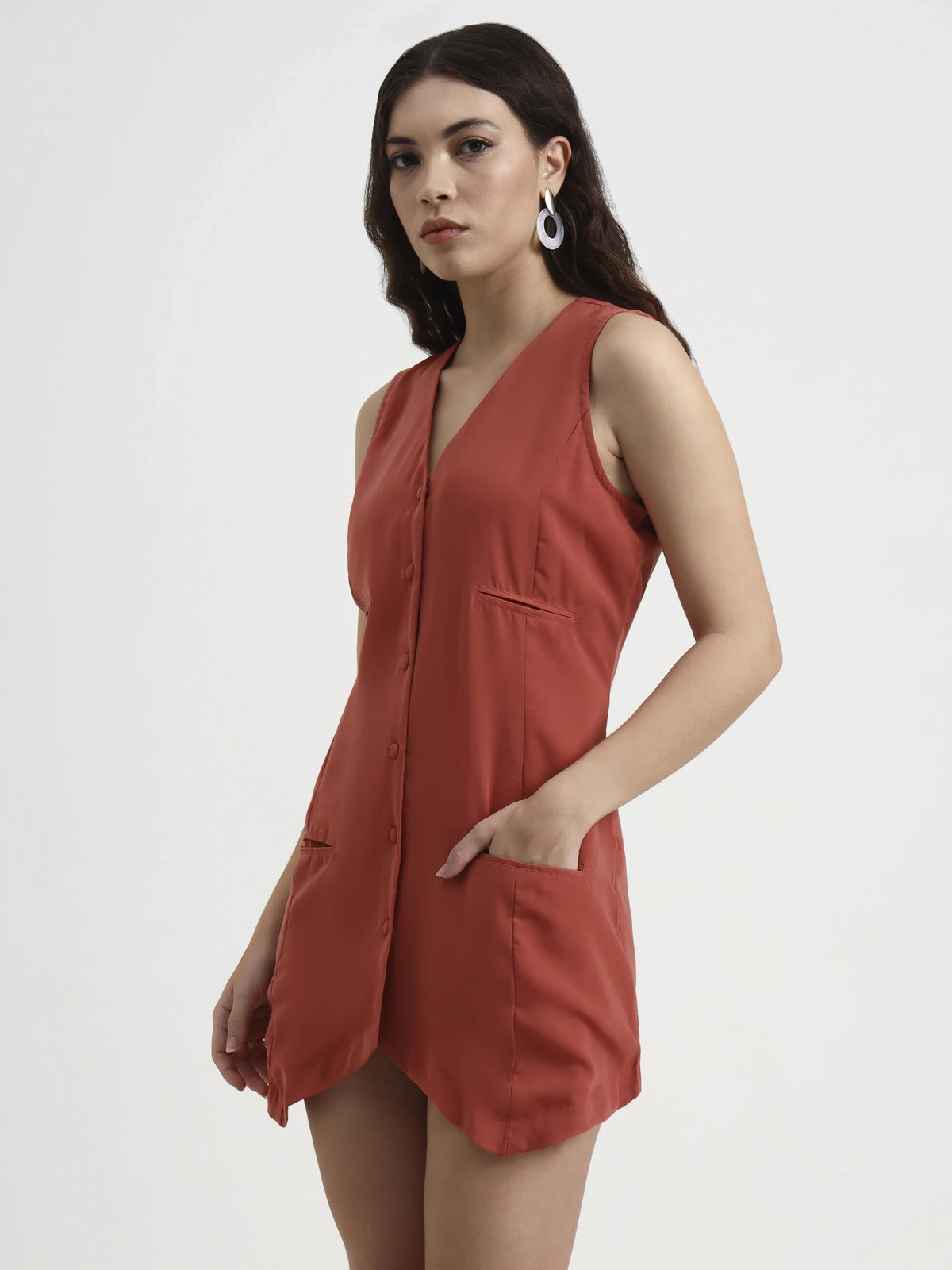 Asymmetric Button Mini Dress - Peach