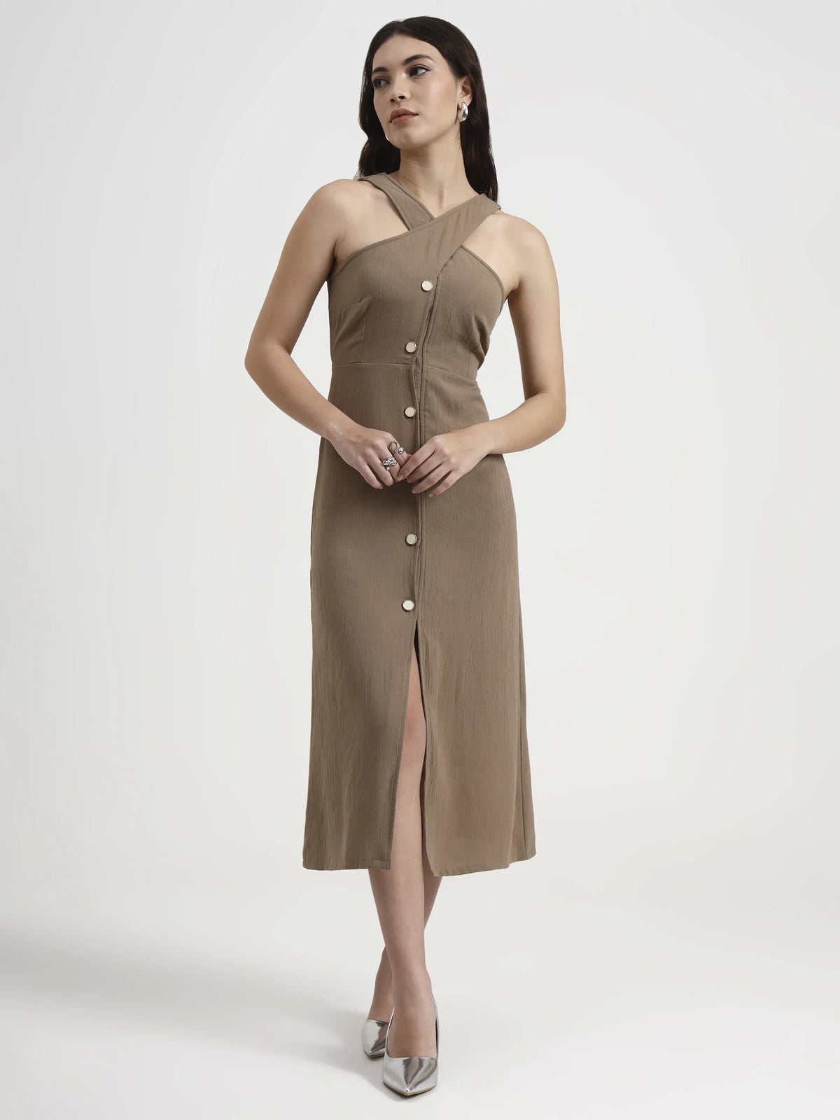Slit Halter Shirt Dress - Mocha Brown