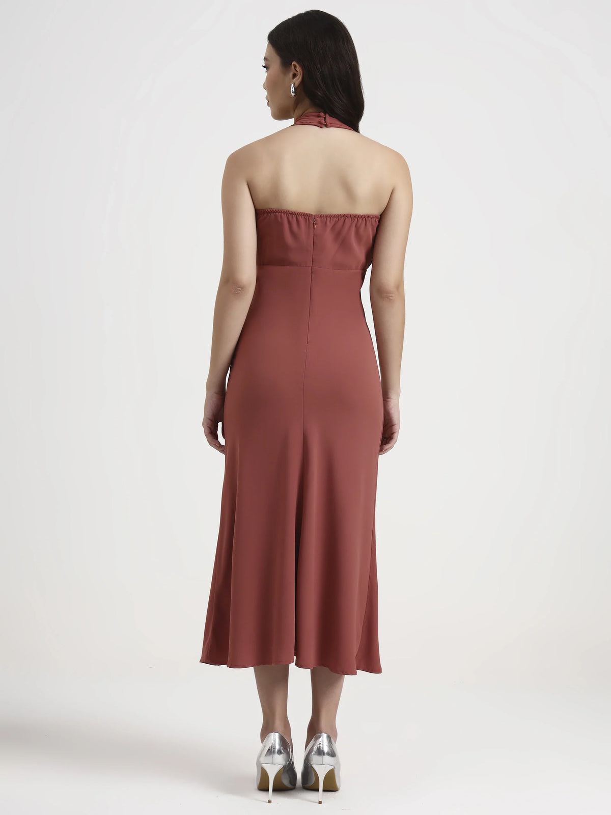 Long Pleated Halter Dress - Crimson Red
