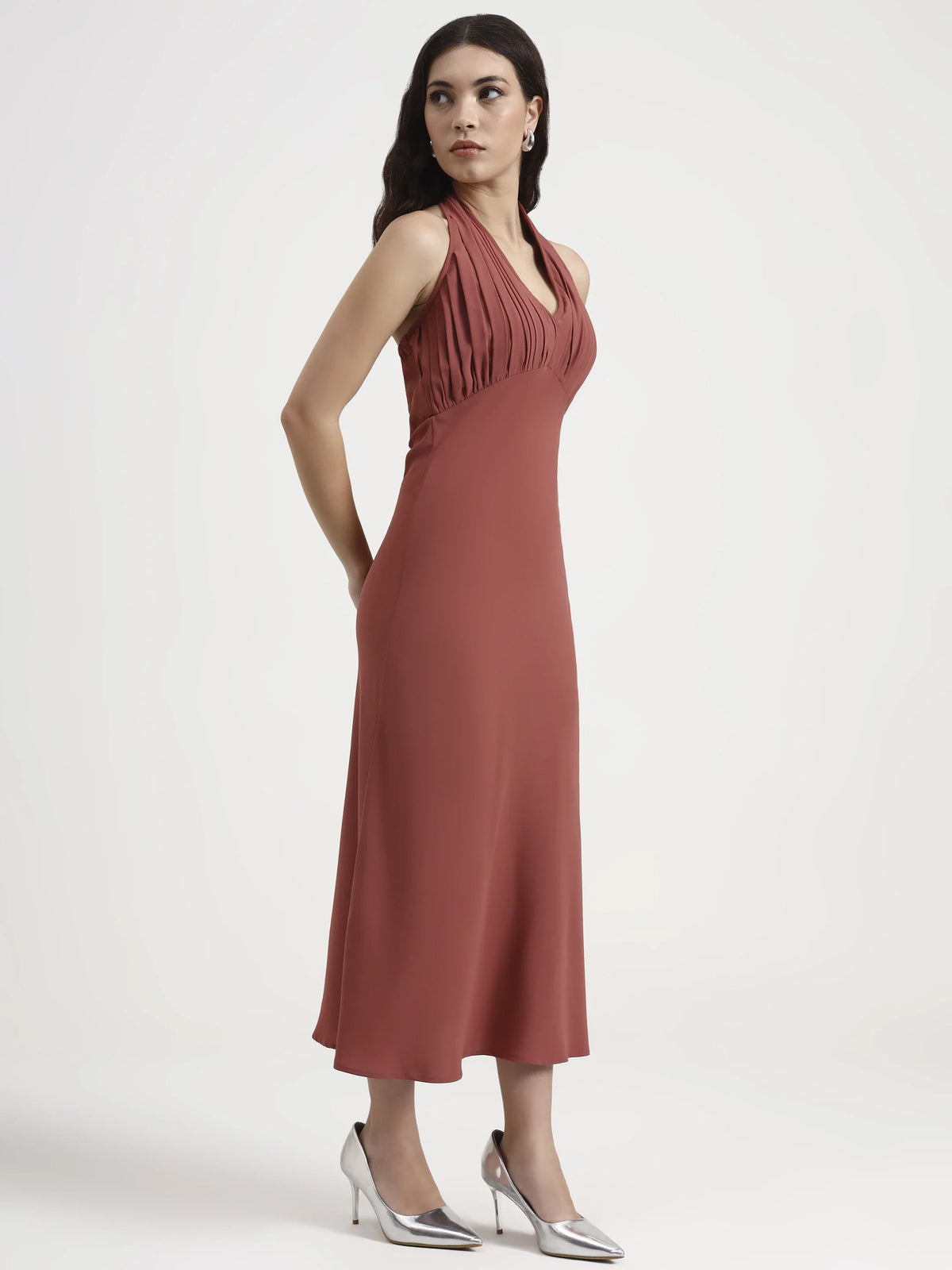 Long Pleated Halter Dress - Crimson Red