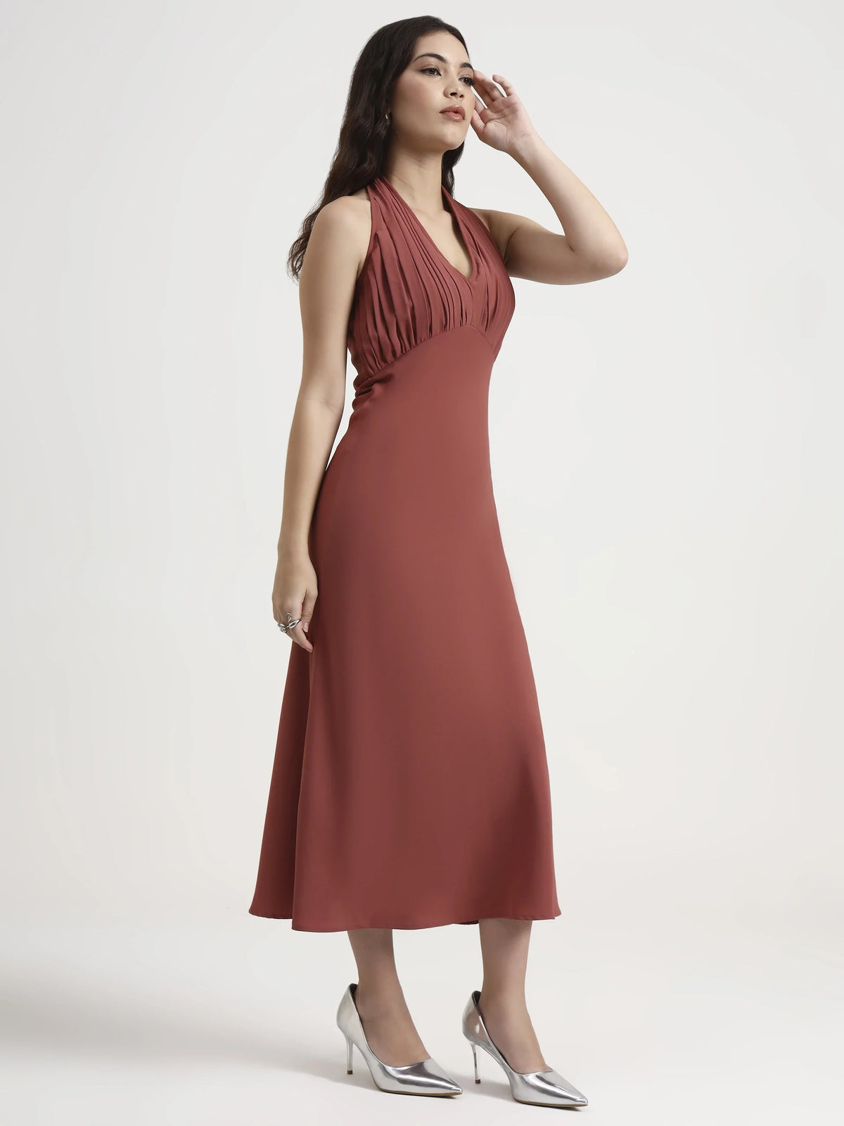 Long Pleated Halter Dress - Crimson Red