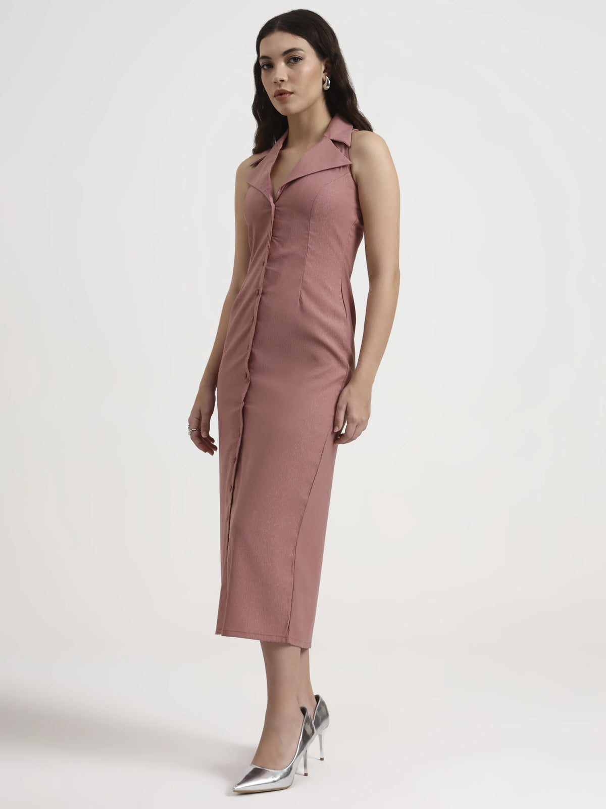 Tailored Button-Down Midi Dress - Pale Rose